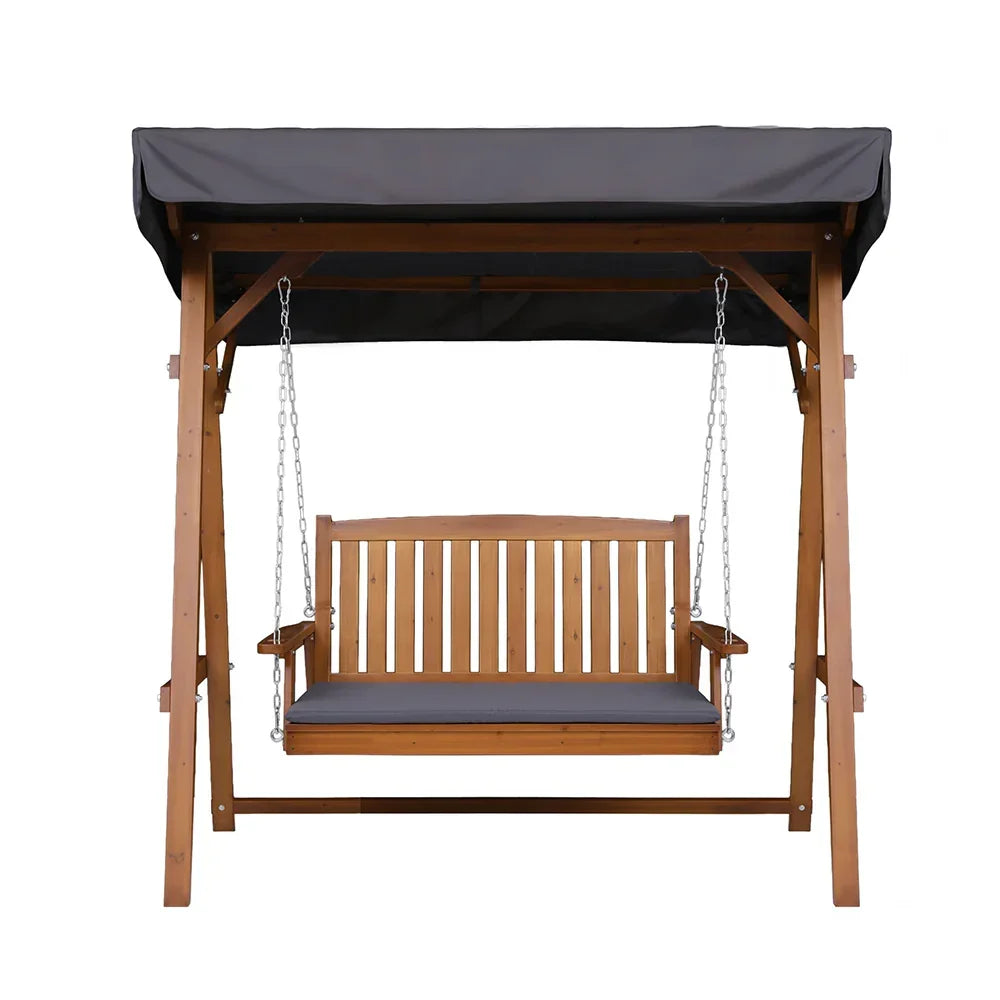2 Person Canopy Swing Chair Outdoor Wooden Garden Patio Seat Teak