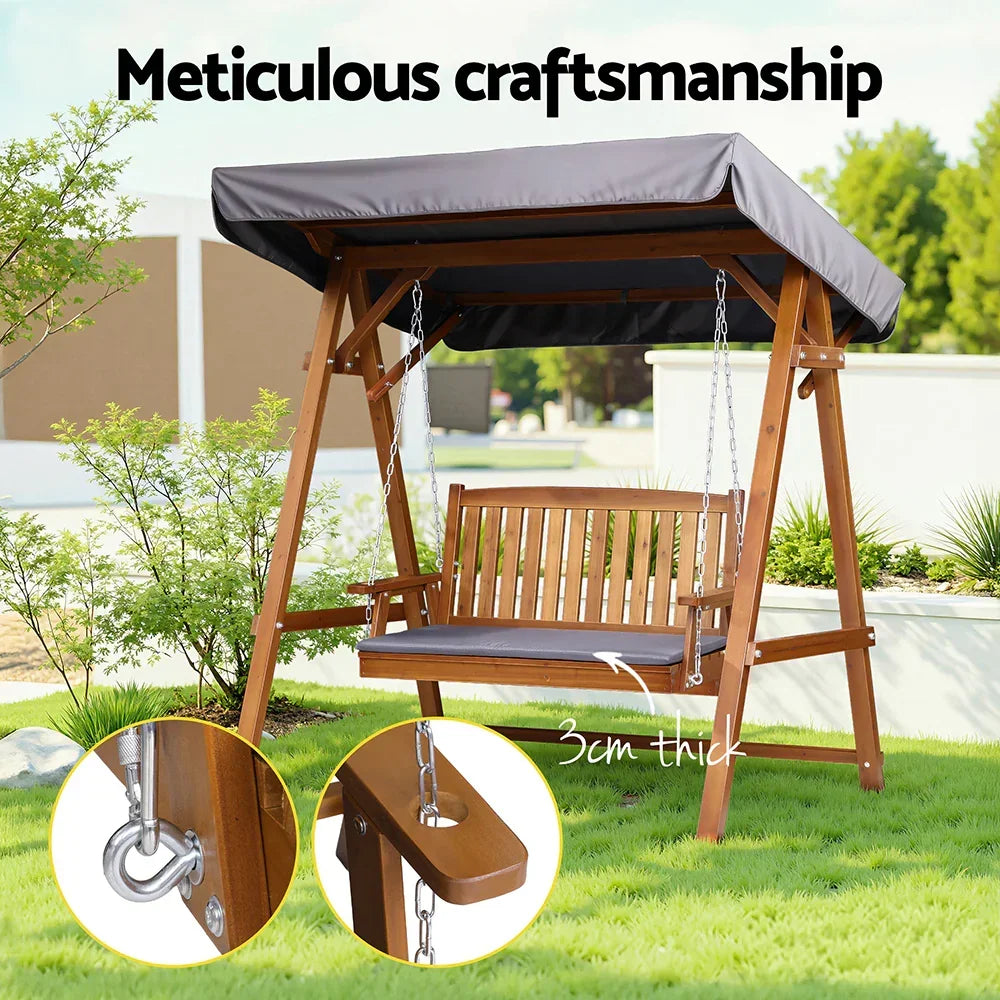 2 Person Canopy Swing Chair Outdoor Wooden Garden Patio Seat Teak