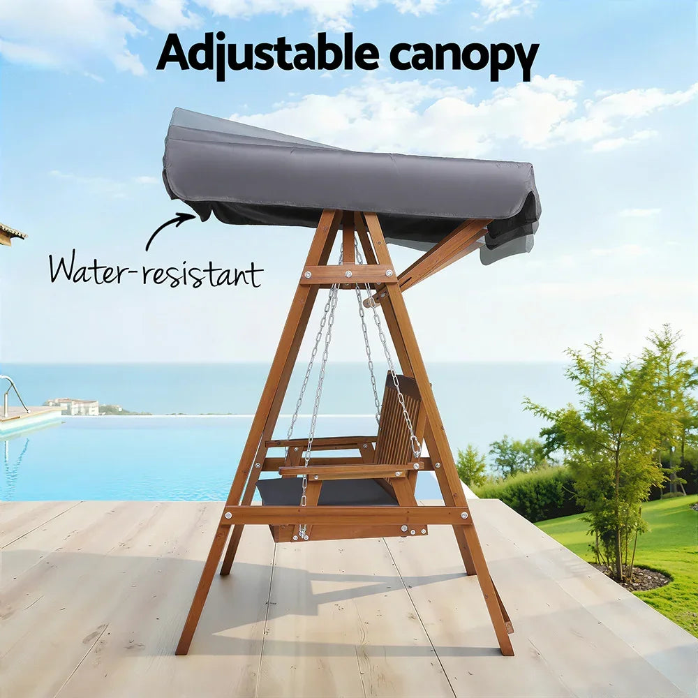 2 Person Canopy Swing Chair Outdoor Wooden Garden Patio Seat Teak