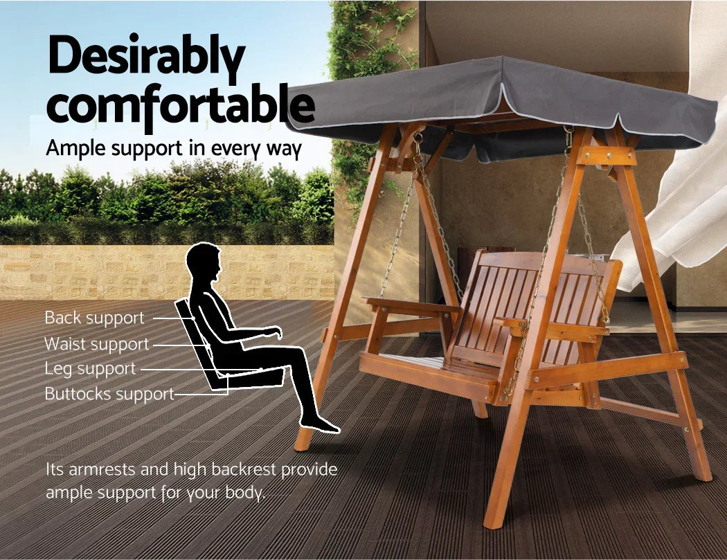 2 Person Canopy Swing Chair Outdoor Wooden Garden Patio Seat Teak