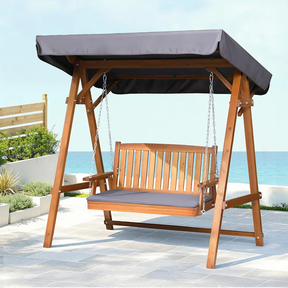 2 Person Canopy Swing Chair Outdoor Wooden Garden Patio Seat Teak