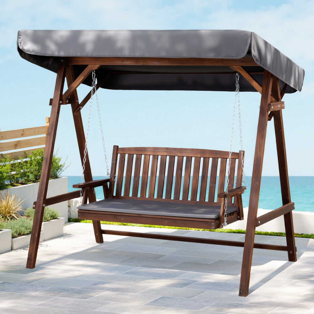 3 Seater Canopy Swing Chair Outdoor Garden Wooden Patio Swing Charcoal