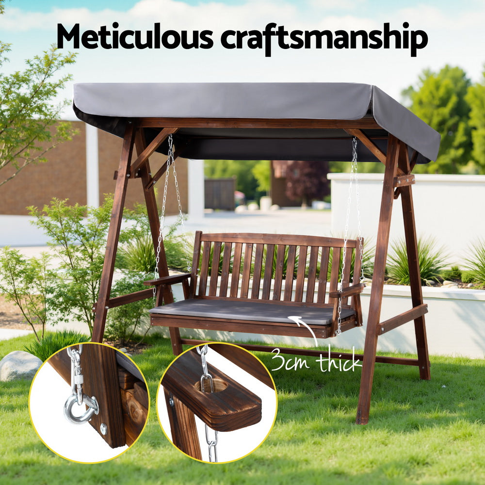 3 Seater Canopy Swing Chair Outdoor Garden Wooden Patio Swing Charcoal