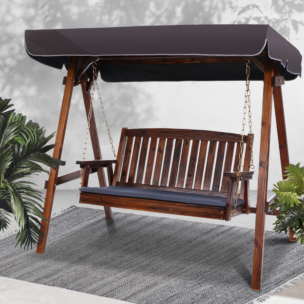 3 Seater Canopy Swing Chair Outdoor Garden Wooden Patio Swing Charcoal