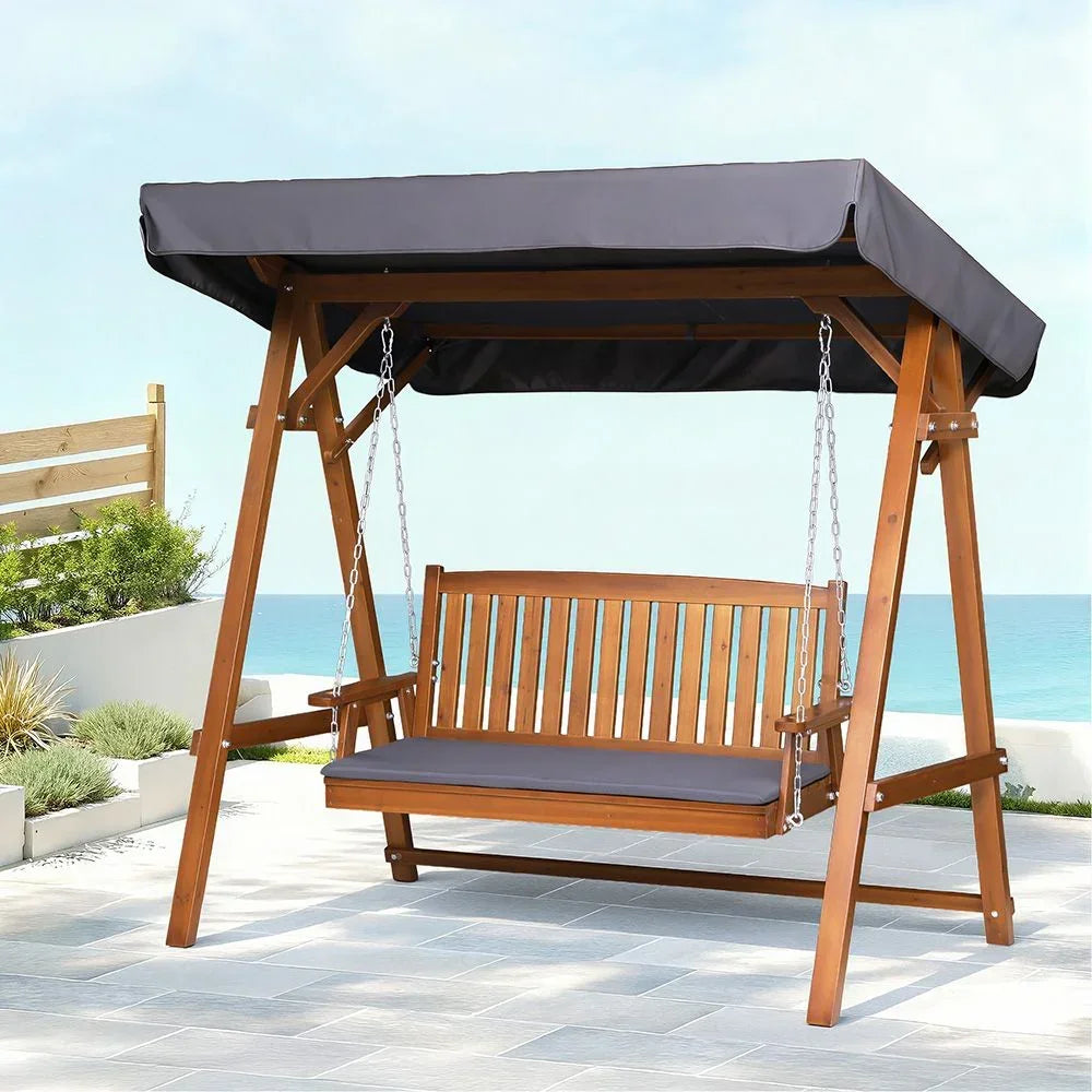 3 Seater Canopy Swing Chair Outdoor Wooden Garden Patio Swing Bed Teak