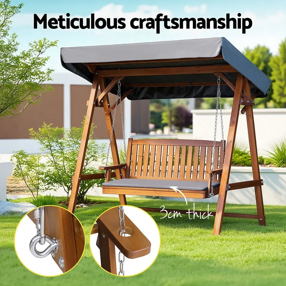 3 Seater Canopy Swing Chair Outdoor Wooden Garden Patio Swing Bed Teak