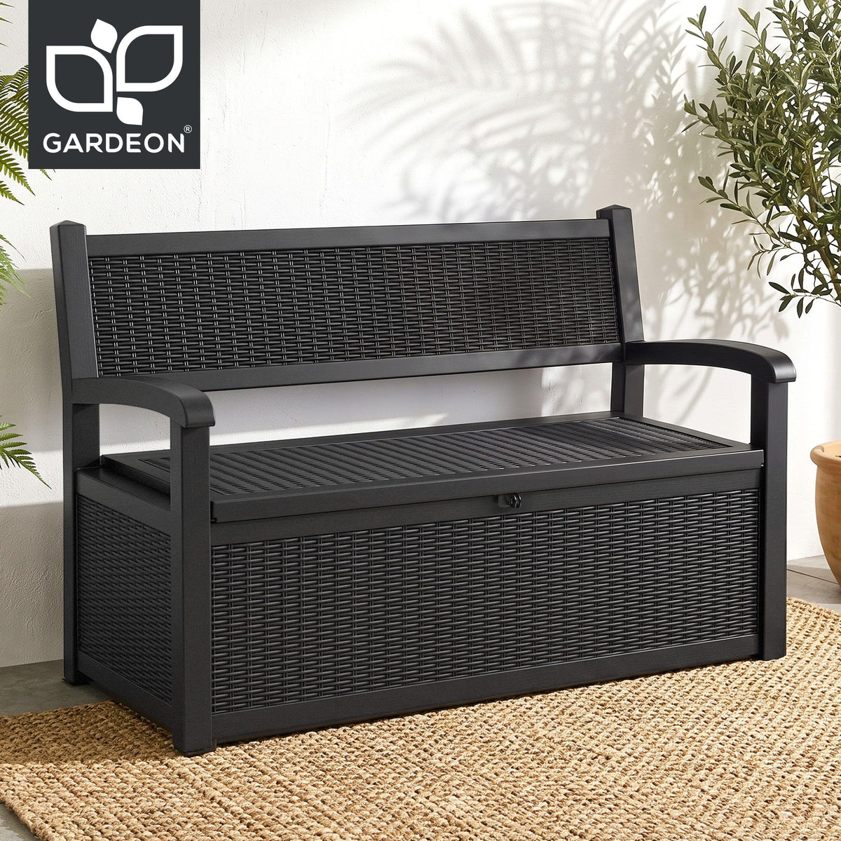Gardeon 254L Outdoor Storage Bench Box Resin Armrests Backrest Lockable Black