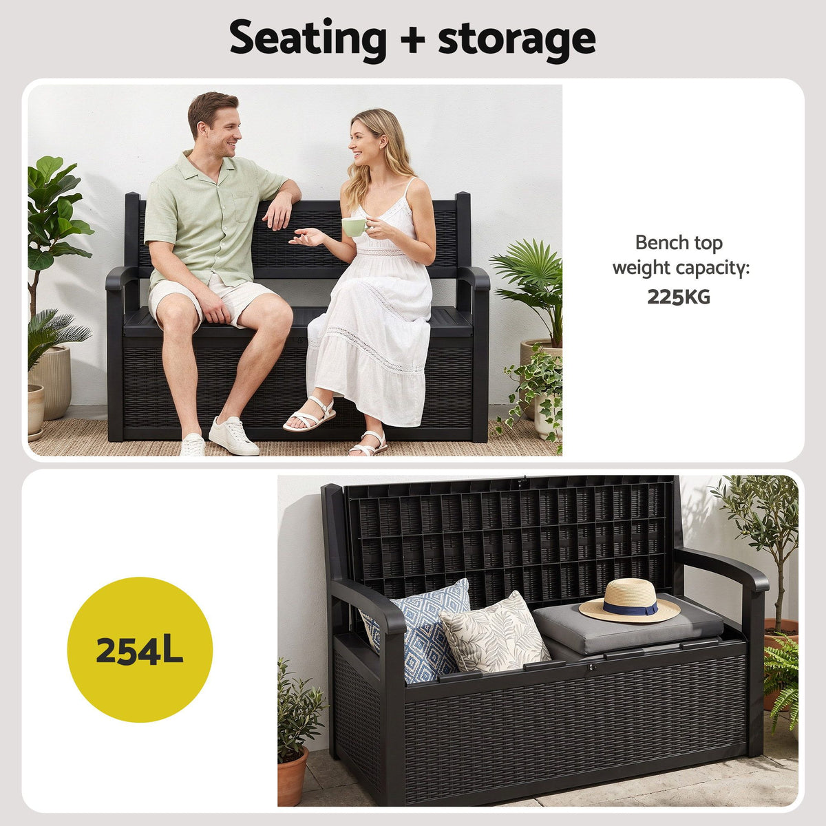 Gardeon 254L Outdoor Storage Bench Box Resin Armrests Backrest Lockable Black