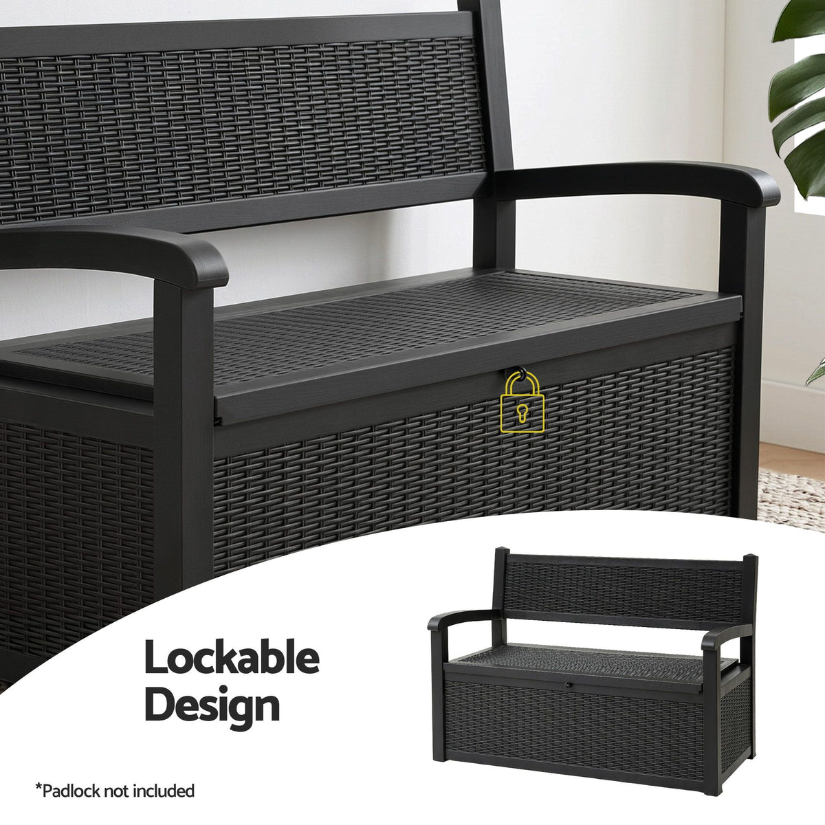 Gardeon 254L Outdoor Storage Bench Box Resin Armrests Backrest Lockable Black