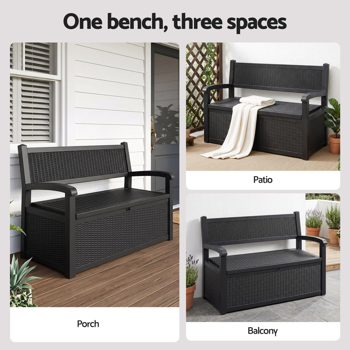 Gardeon 254L Outdoor Storage Bench Box Resin Armrests Backrest Lockable Black
