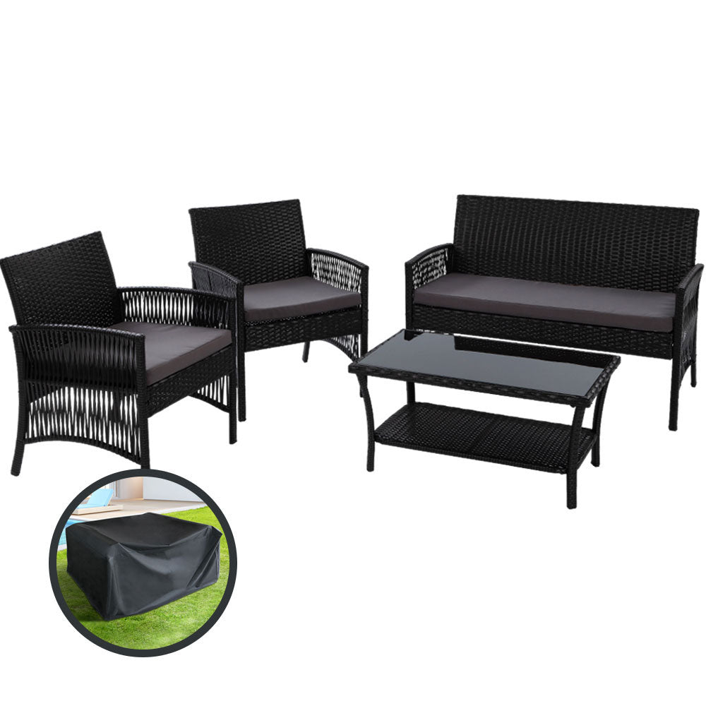 4PCS OutdoorSofa Set with Storage Cover Wicker Harp Chair Table Black