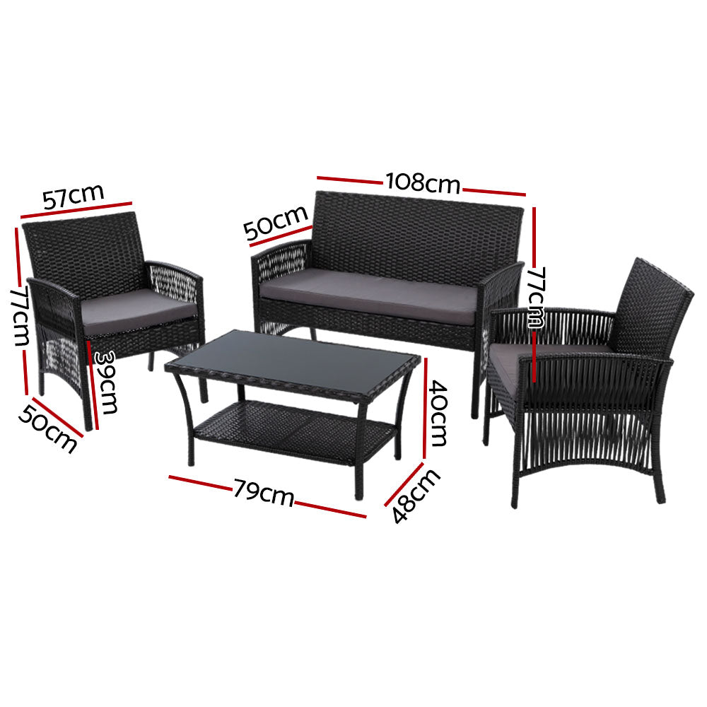 4PCS OutdoorSofa Set with Storage Cover Wicker Harp Chair Table Black