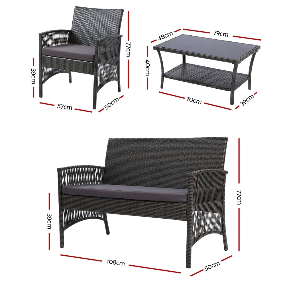 Gardeon 4PCS Outdoor Sofa Set Wicker Harp Chair Table Garden Furniture Grey