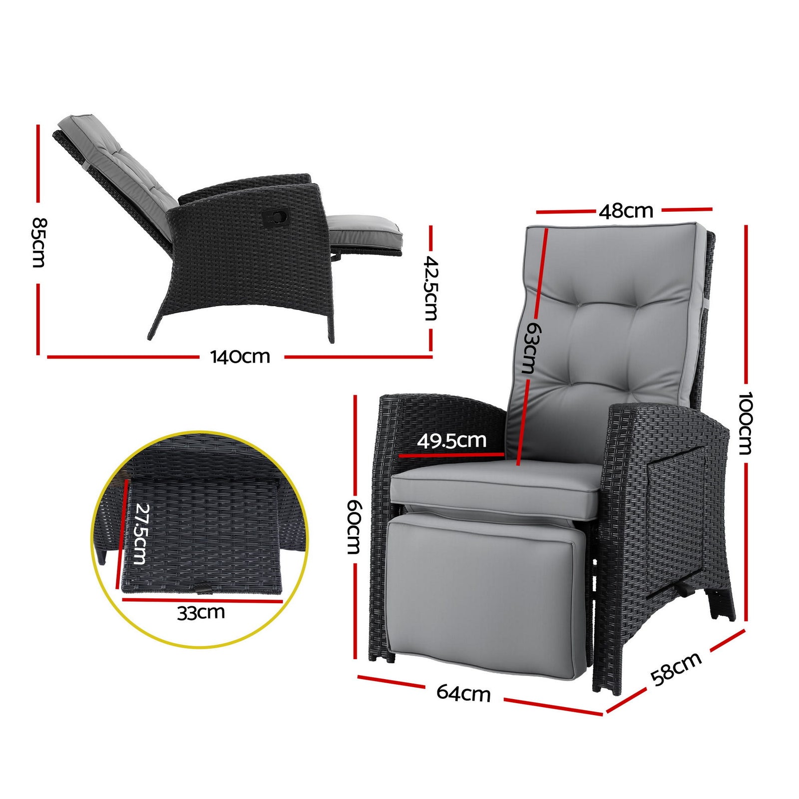 Outdoor Recliner Chairs Sun lounge Wicker Lounger Patio Furniture Adjustable Black