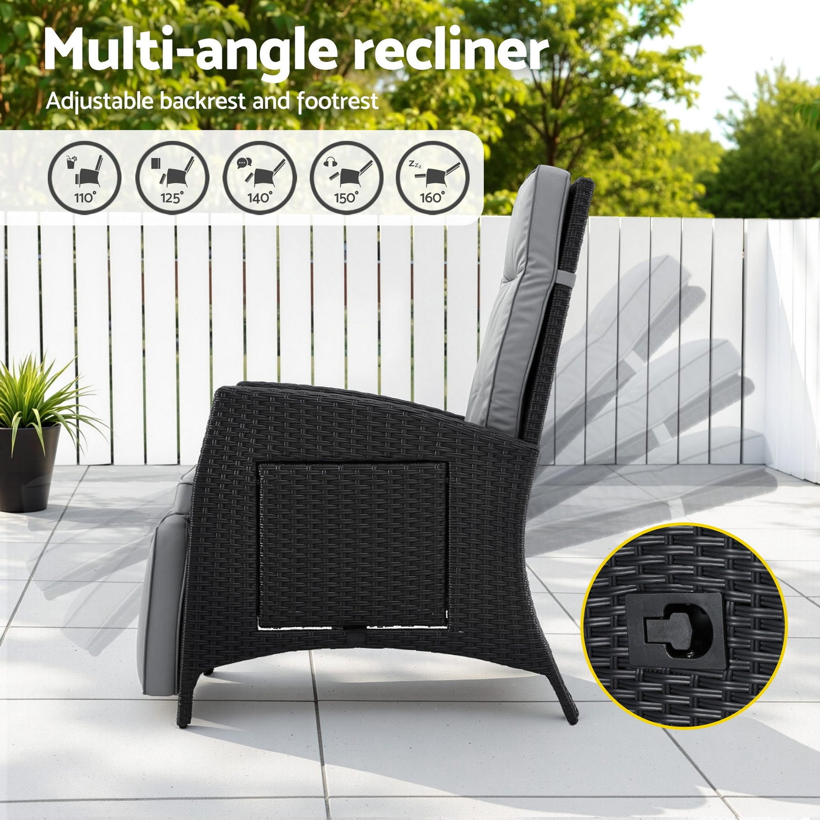 Outdoor Recliner Chairs Sun lounge Wicker Lounger Patio Furniture Adjustable Black