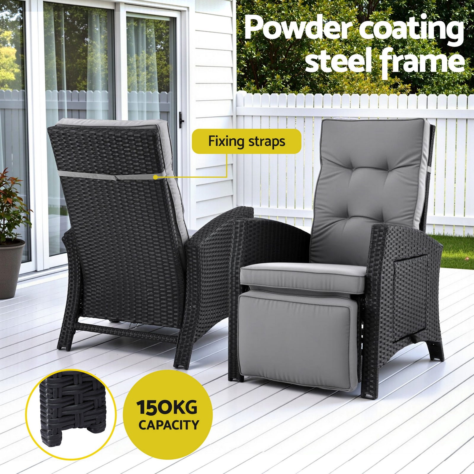 Outdoor Recliner Chairs Sun lounge Wicker Lounger Patio Furniture Adjustable Black