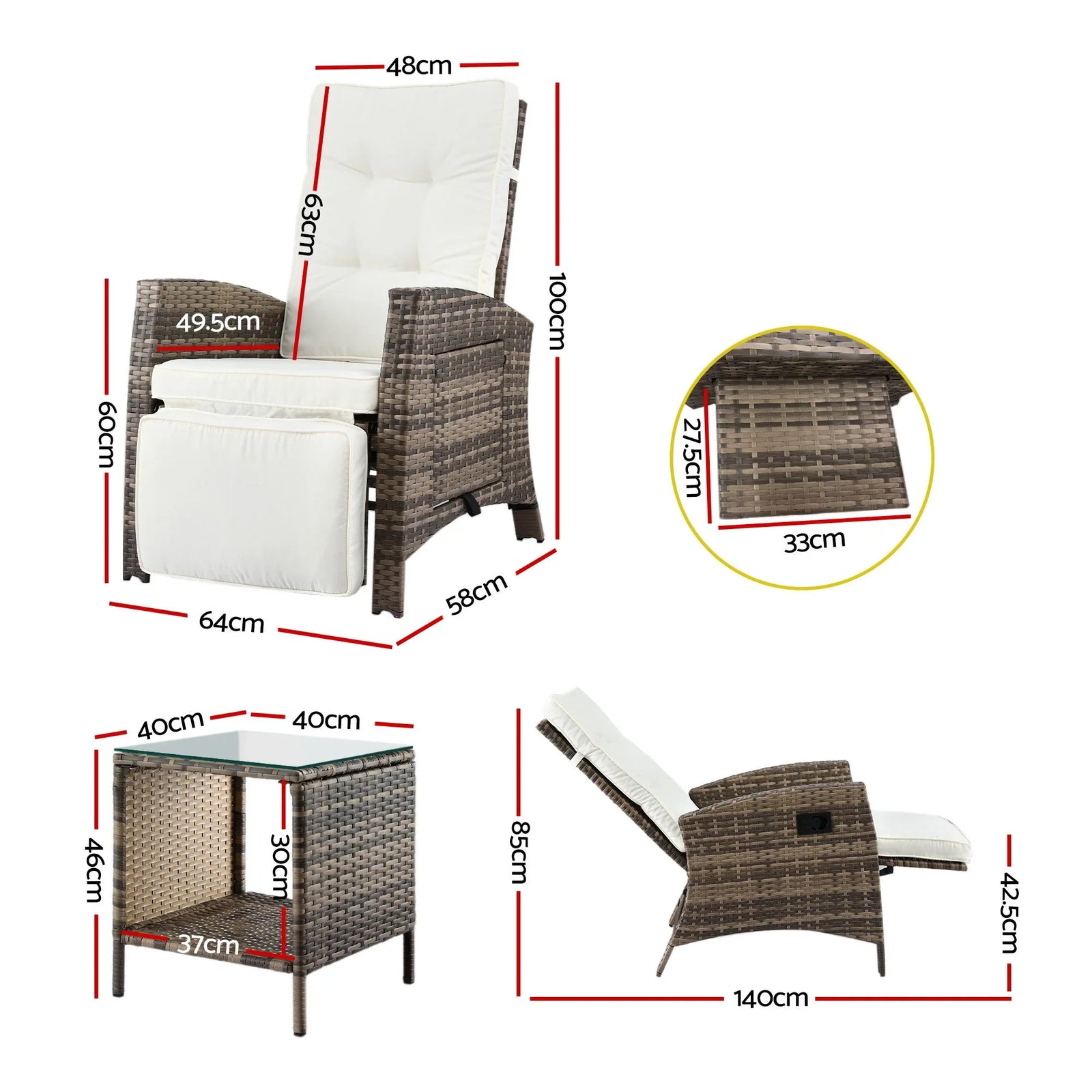 Wicker Recliner Set – 2 Chairs + Side Table, Adjustable, Brown Outdoor
