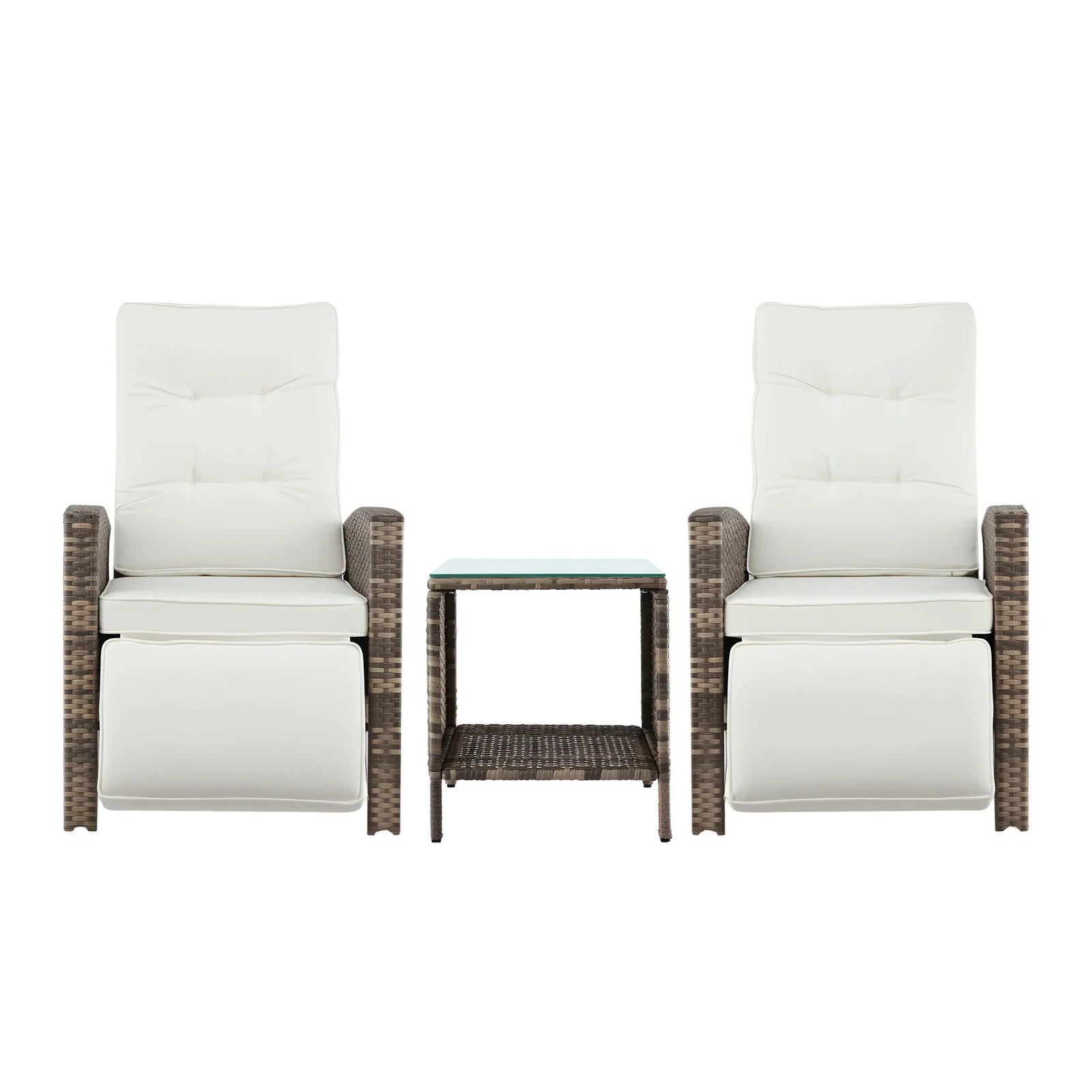 Wicker Recliner Set – 2 Chairs + Side Table, Adjustable, Brown Outdoor