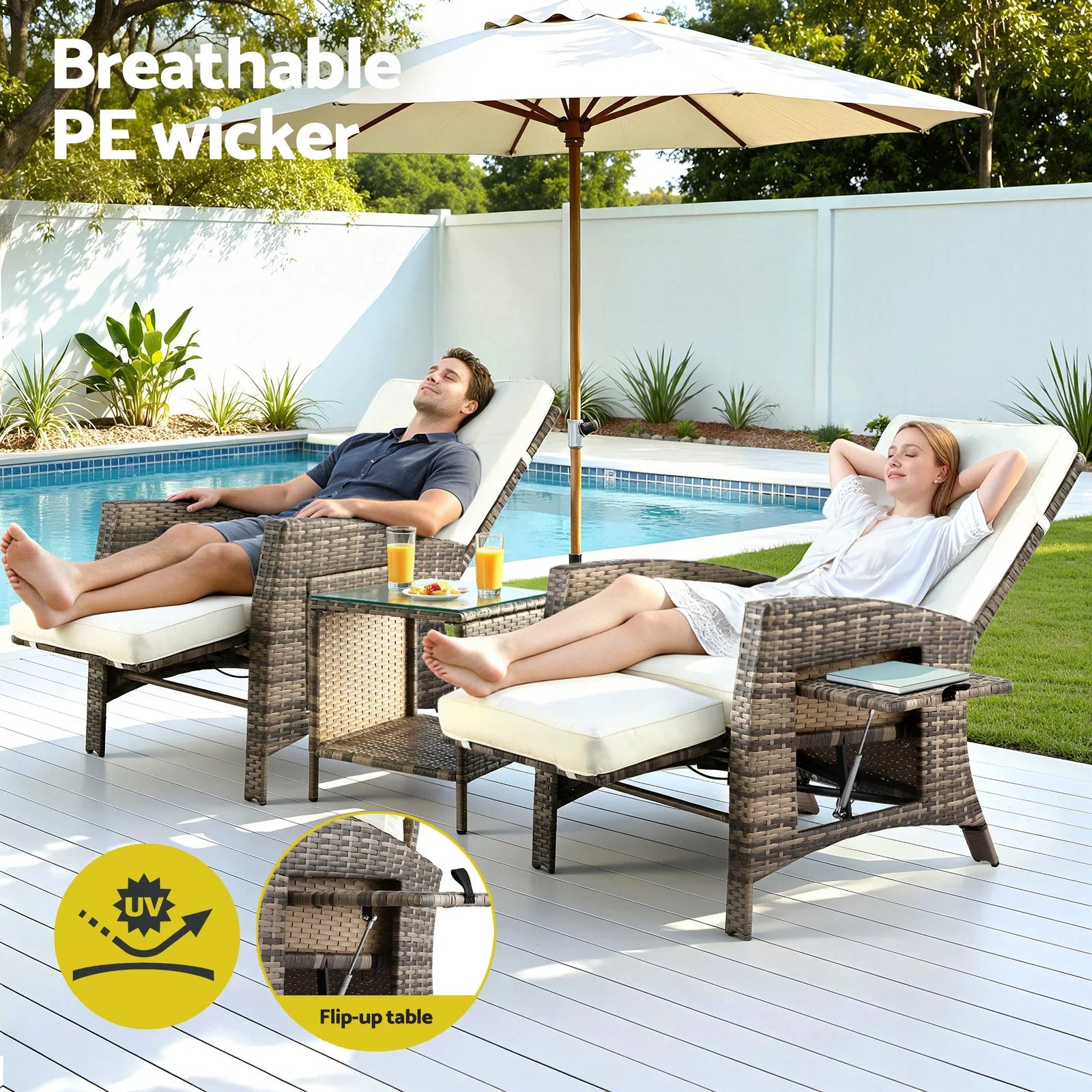Wicker Recliner Set – 2 Chairs + Side Table, Adjustable, Brown Outdoor