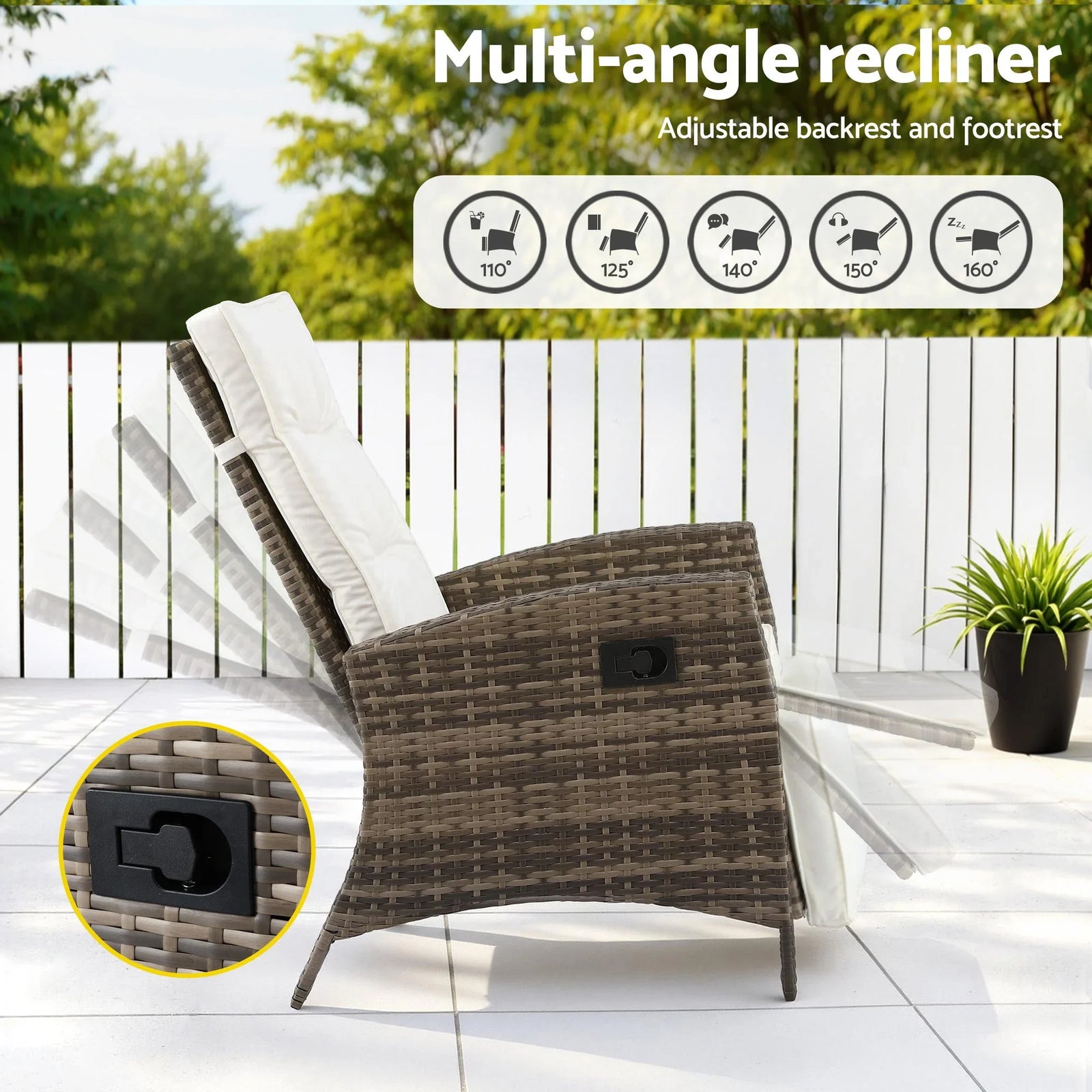 Wicker Recliner Set – 2 Chairs + Side Table, Adjustable, Brown Outdoor
