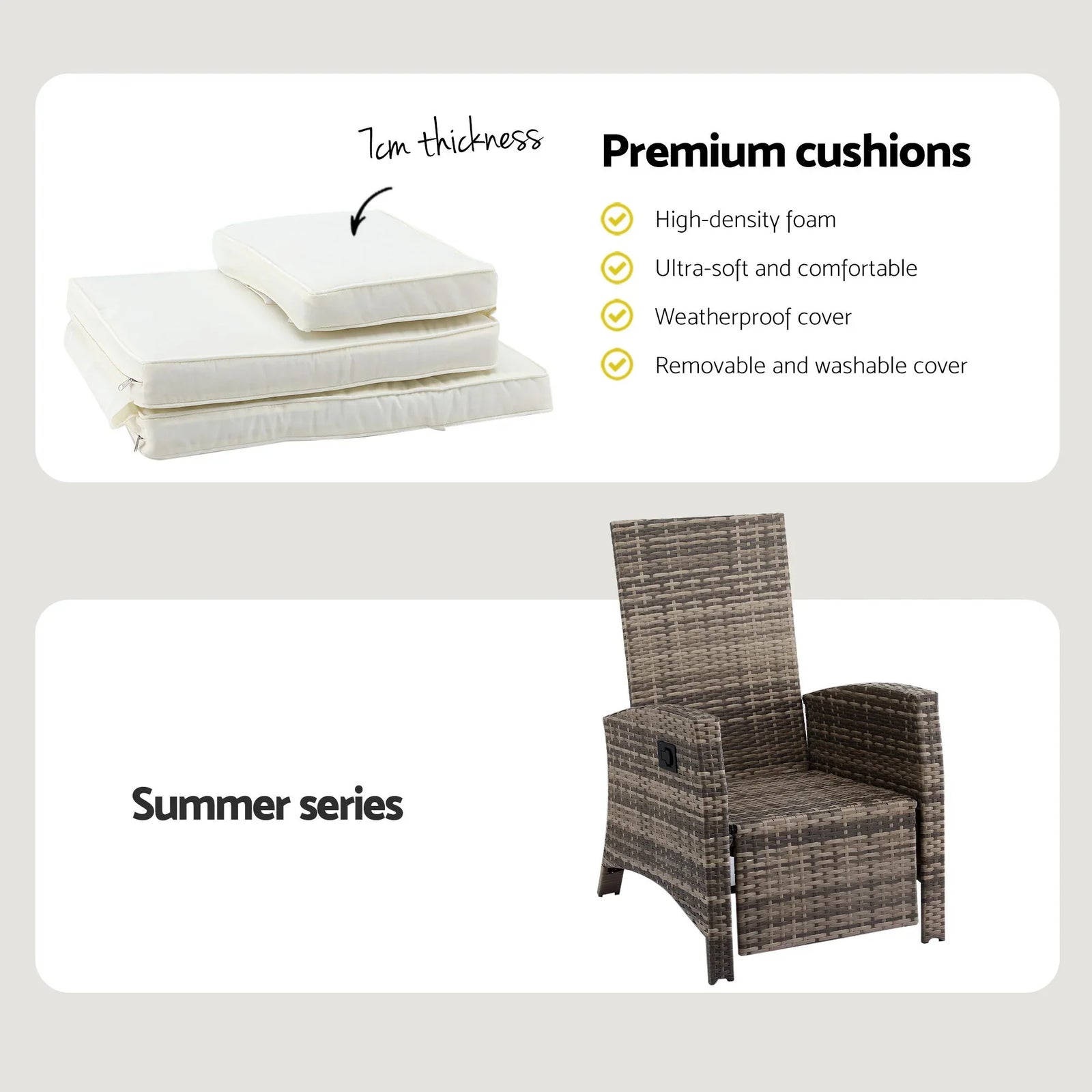 Wicker Recliner Set – 2 Chairs + Side Table, Adjustable, Brown Outdoor
