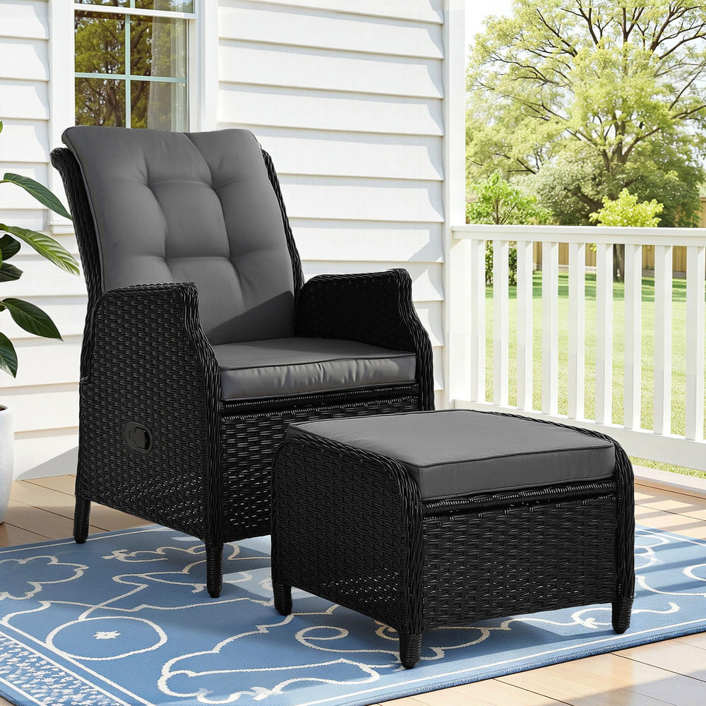 Outdoor Wicker Recliner Chair with Ottoman PE Rattan Adjustable Black