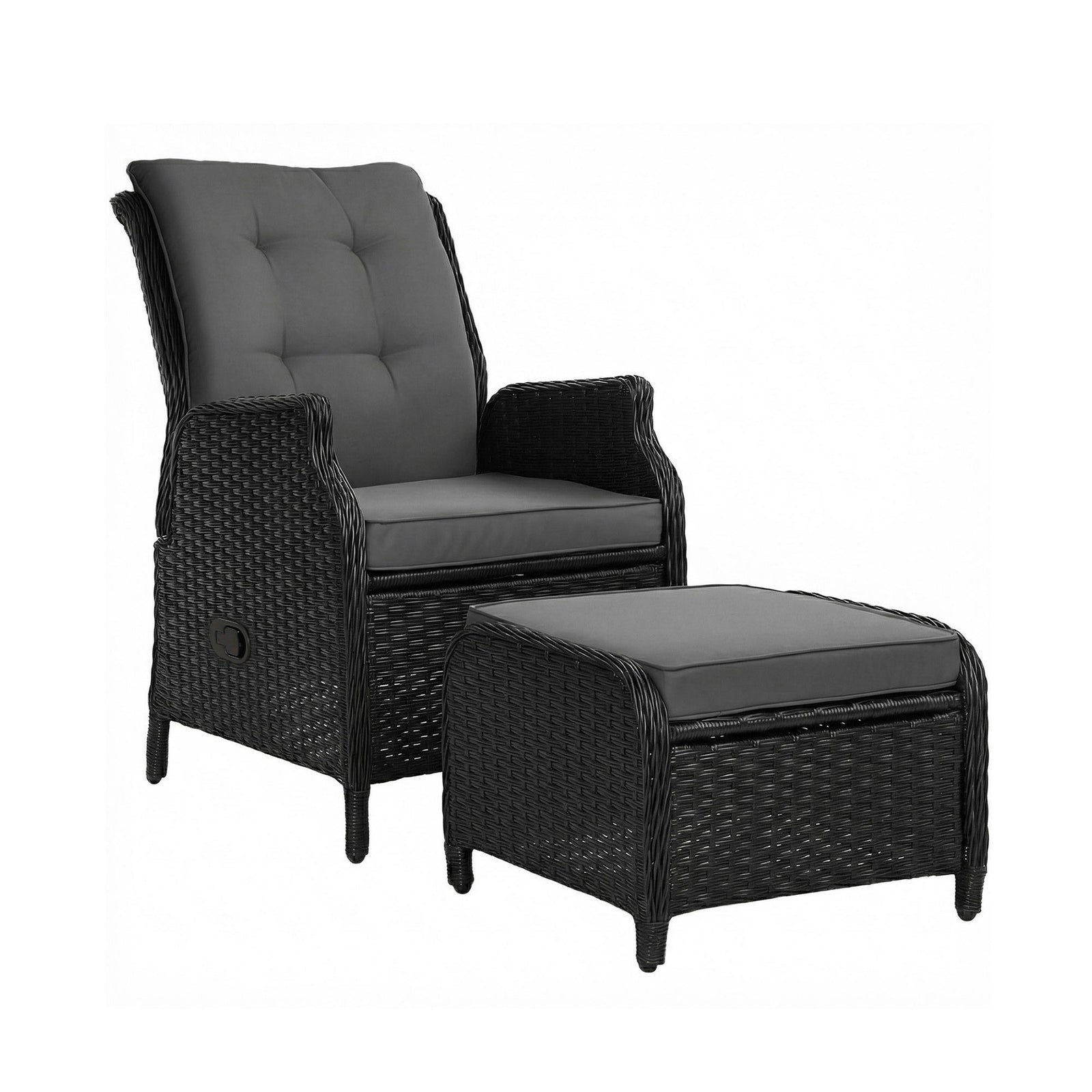 Outdoor Wicker Recliner Chair with Ottoman PE Rattan Adjustable Black