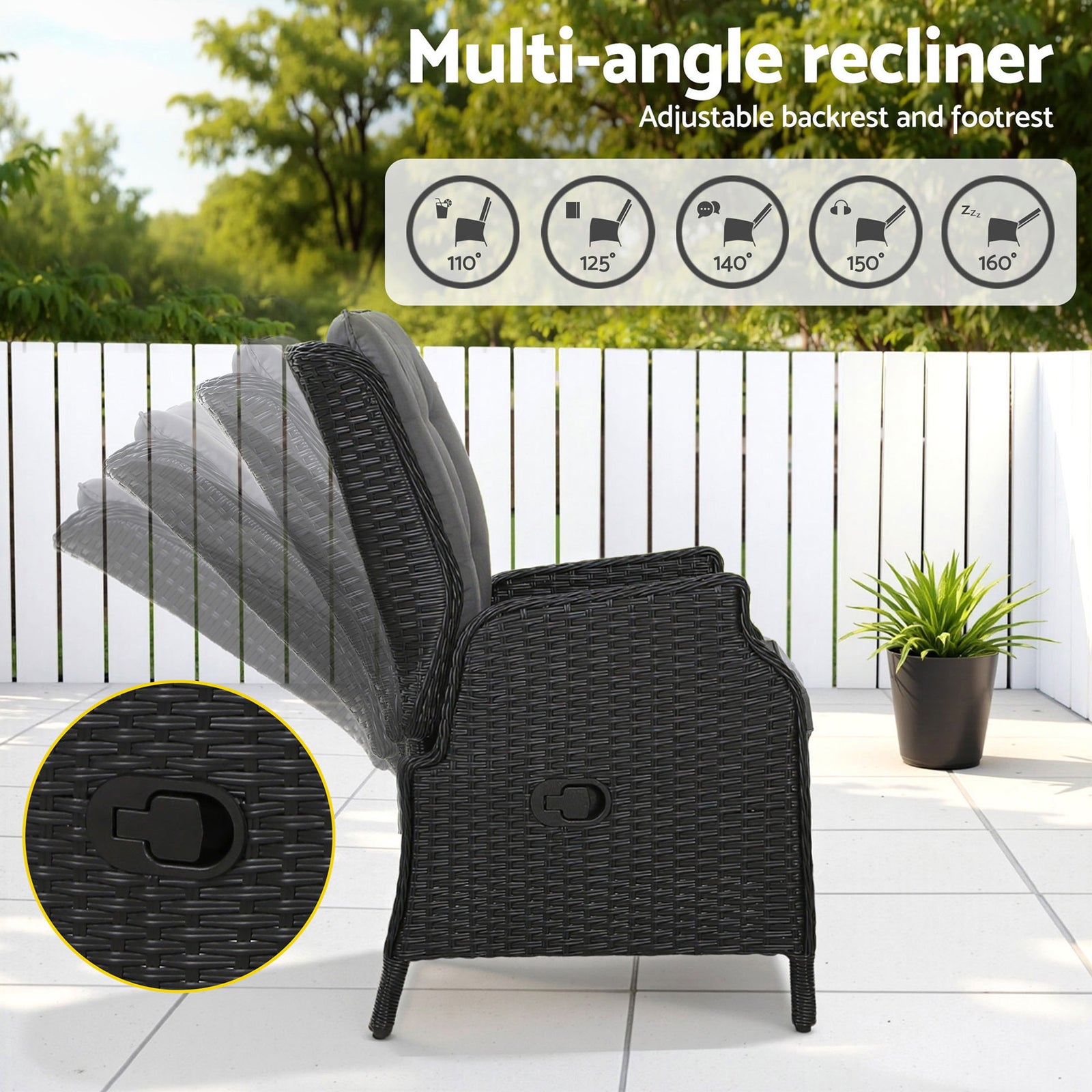 Outdoor Wicker Recliner Chair with Ottoman PE Rattan Adjustable Black