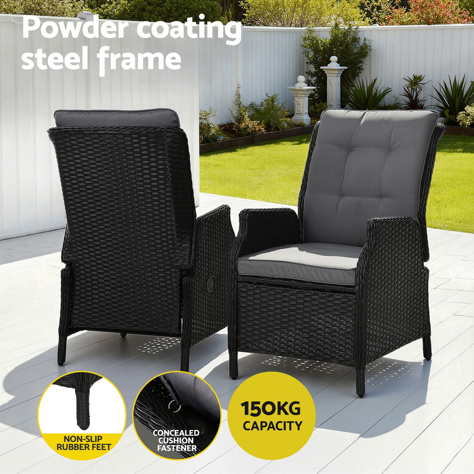 Outdoor Wicker Recliner Chair with Ottoman PE Rattan Adjustable Black
