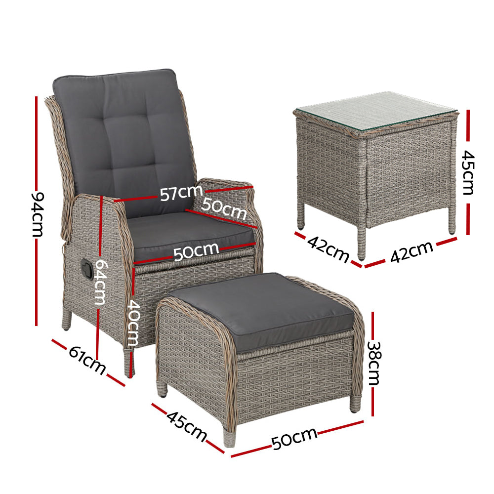 5PC Recliner Chairs Table Sun lounge Wicker Outdoor Furniture Adjustable Grey