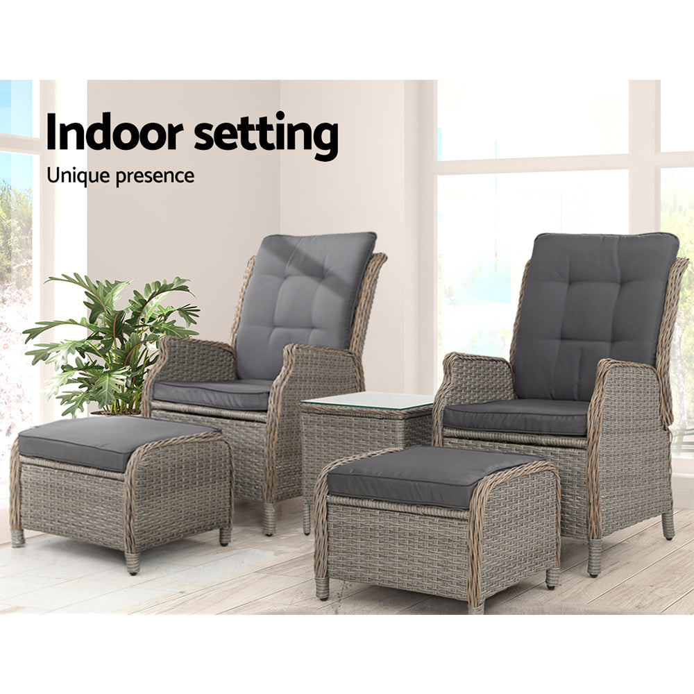 5PC Recliner Chairs Table Sun lounge Wicker Outdoor Furniture Adjustable Grey