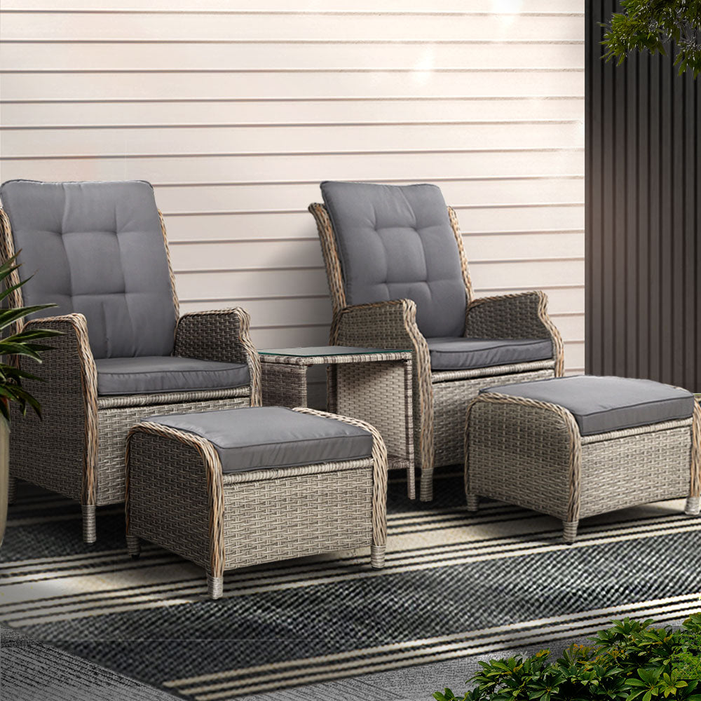 5PC Recliner Chairs Table Sun lounge Wicker Outdoor Furniture Adjustable Grey