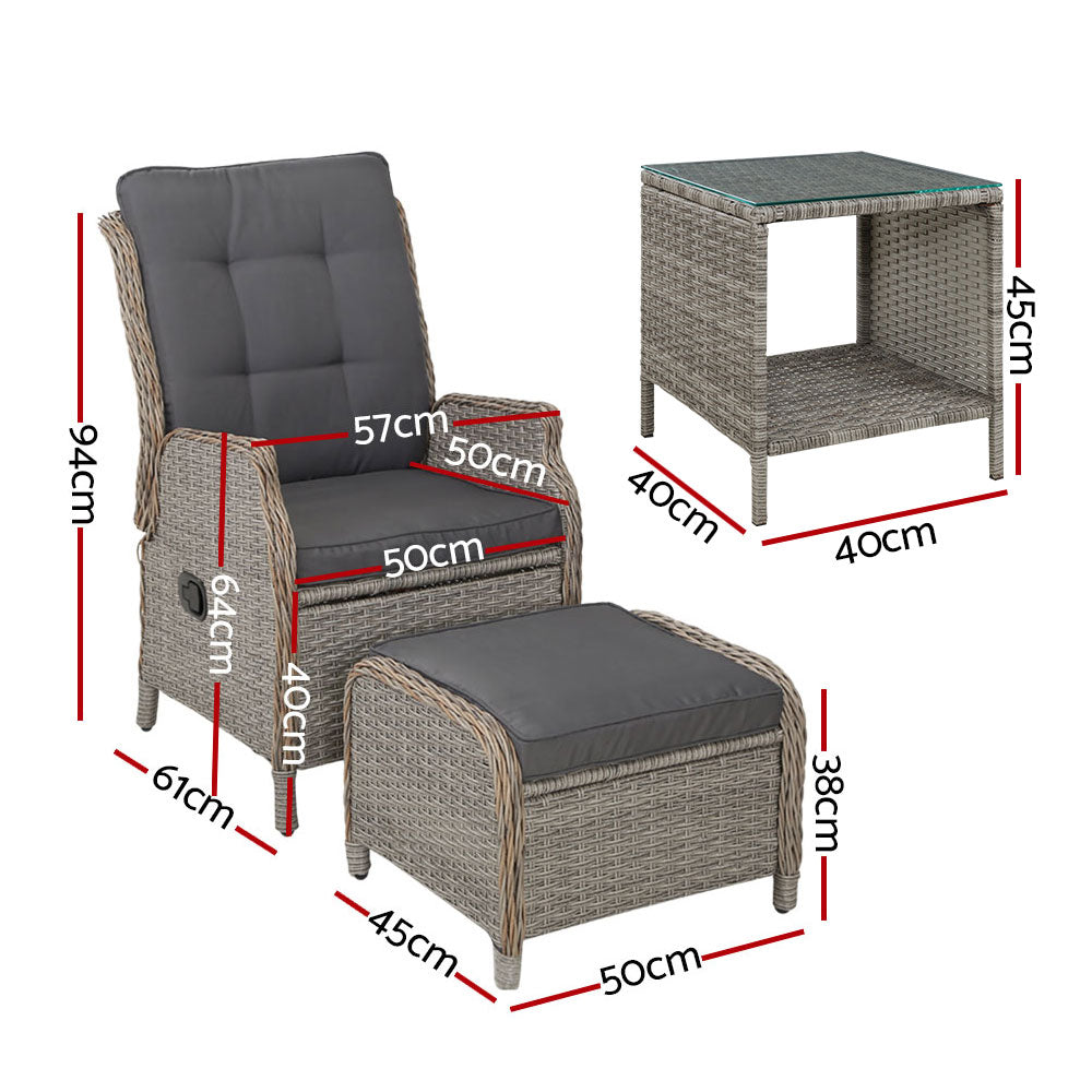 5PC Recliner Chairs Table Sun lounge Wicker Outdoor Furniture Adjustable Grey