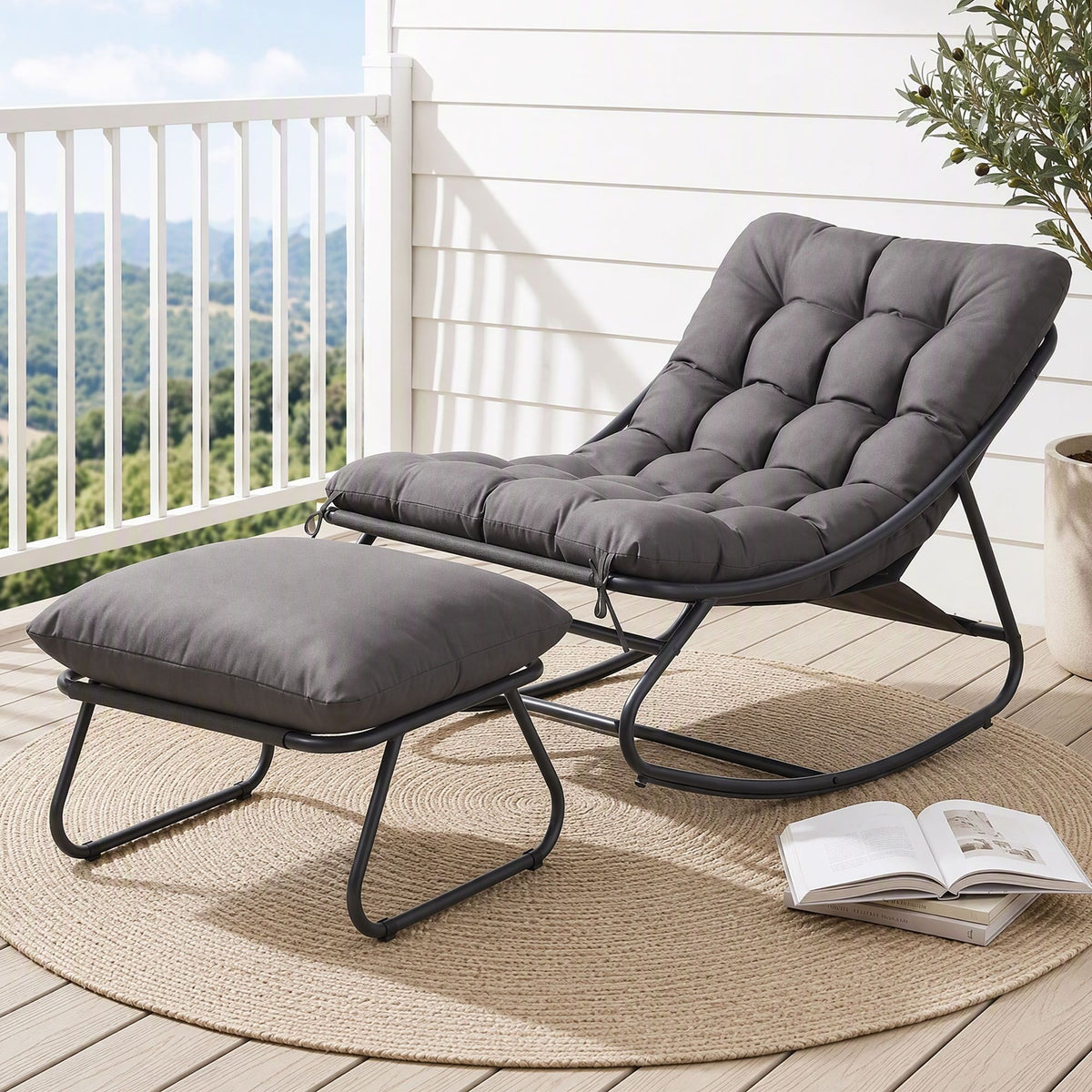 Gardeon Outdoor Rocking Chair with Footrest, Mesh Seat & 12cm Cushion, Grey