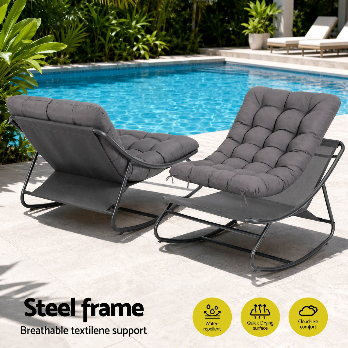 Gardeon Outdoor Rocking Chair with Footrest, Mesh Seat & 12cm Cushion, Grey