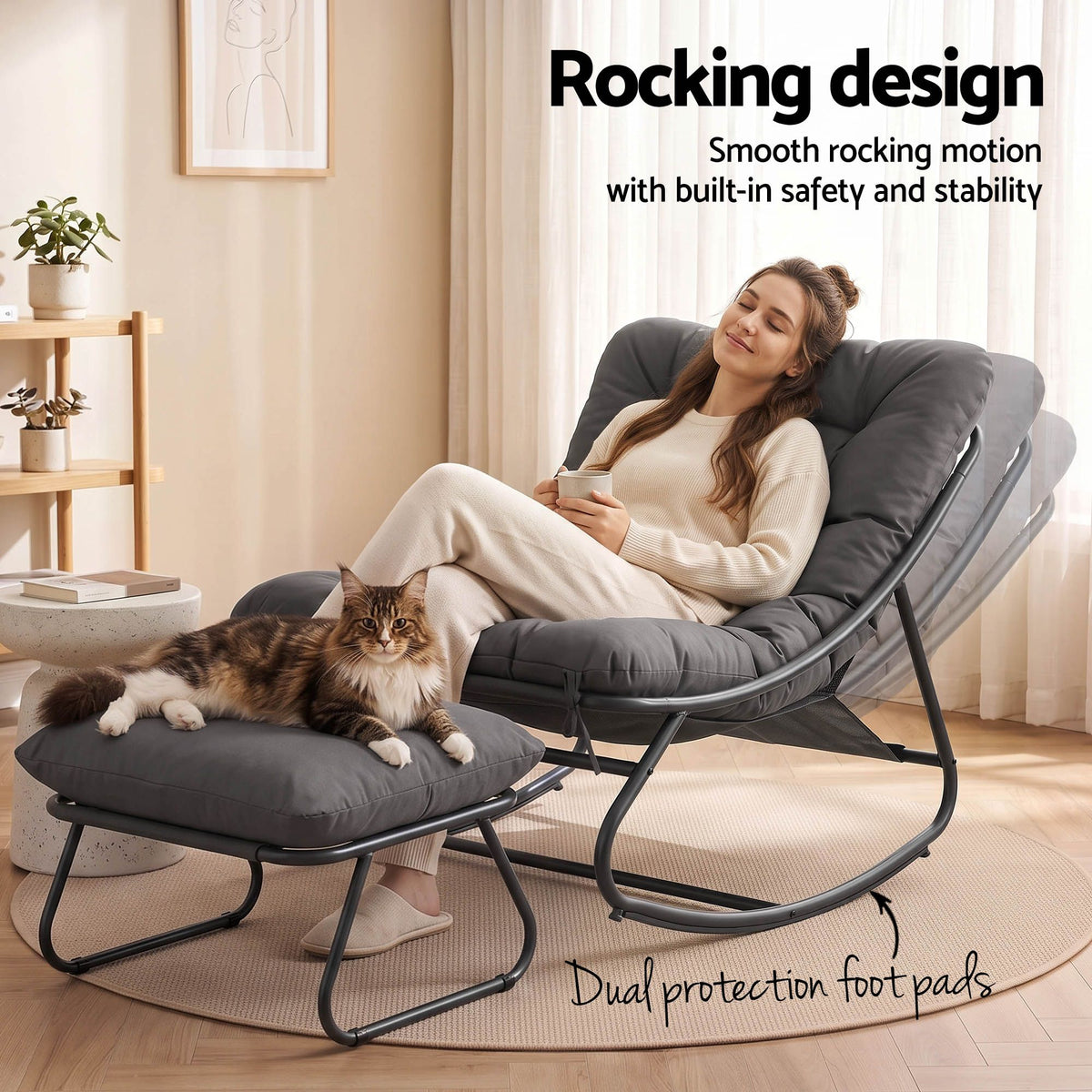 Gardeon Outdoor Rocking Chair with Footrest, Mesh Seat & 12cm Cushion, Grey