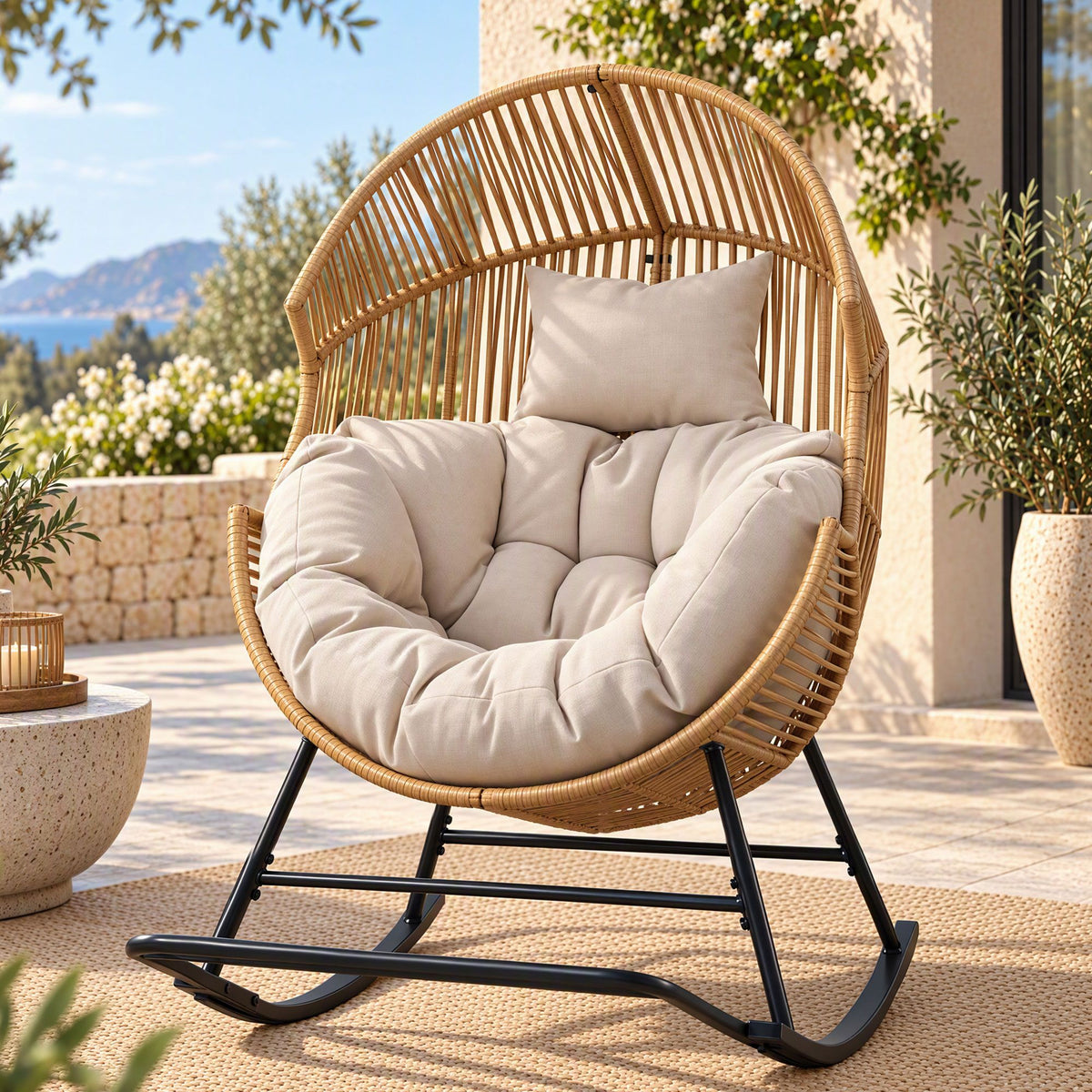 Gardeon Outdoor Egg Rocking Chair PE Rattan Lounger 12cm Cushion 204kg Natural