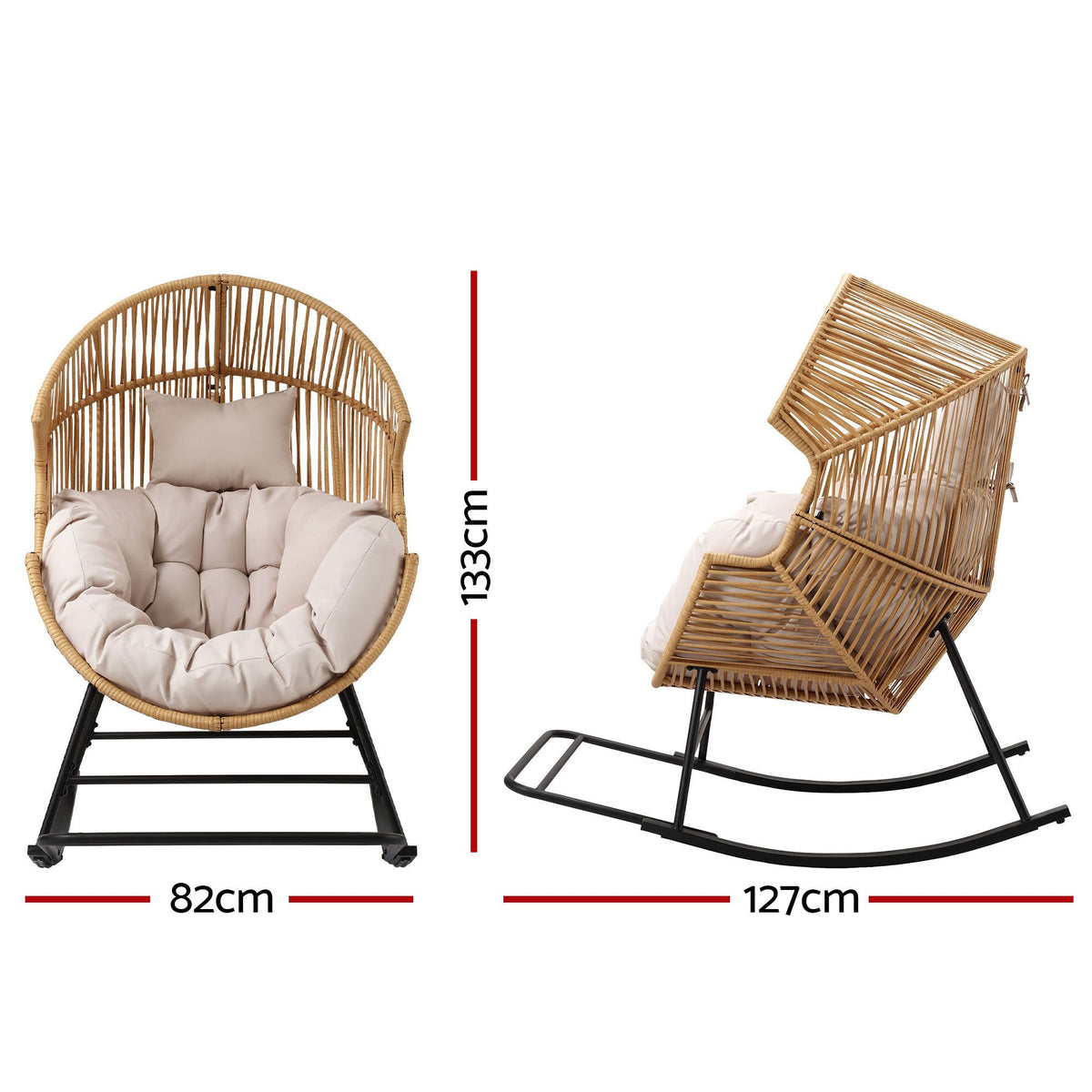 Gardeon Outdoor Egg Rocking Chair PE Rattan Lounger 12cm Cushion 204kg Natural