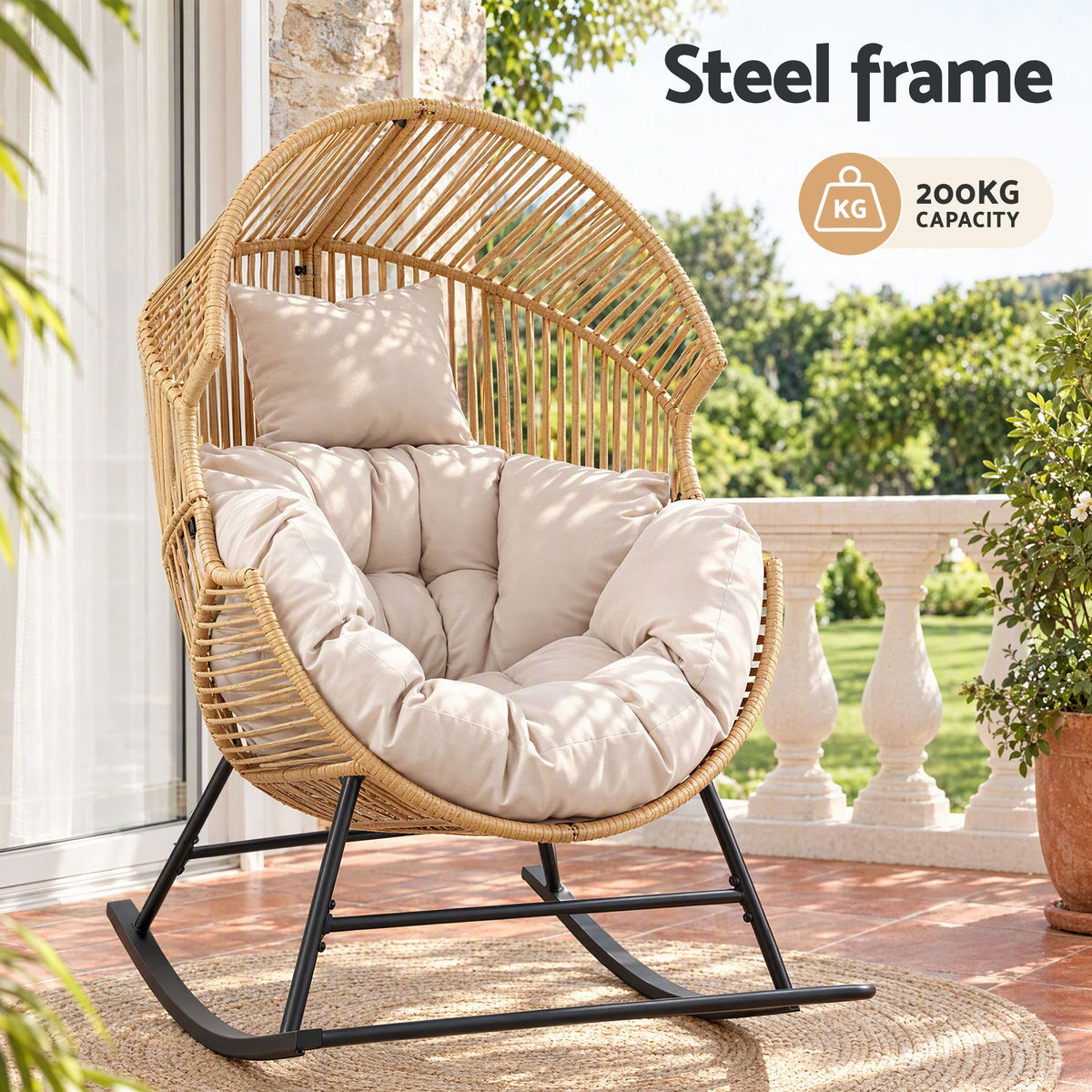 Gardeon Outdoor Egg Rocking Chair PE Rattan Lounger 12cm Cushion 204kg Natural
