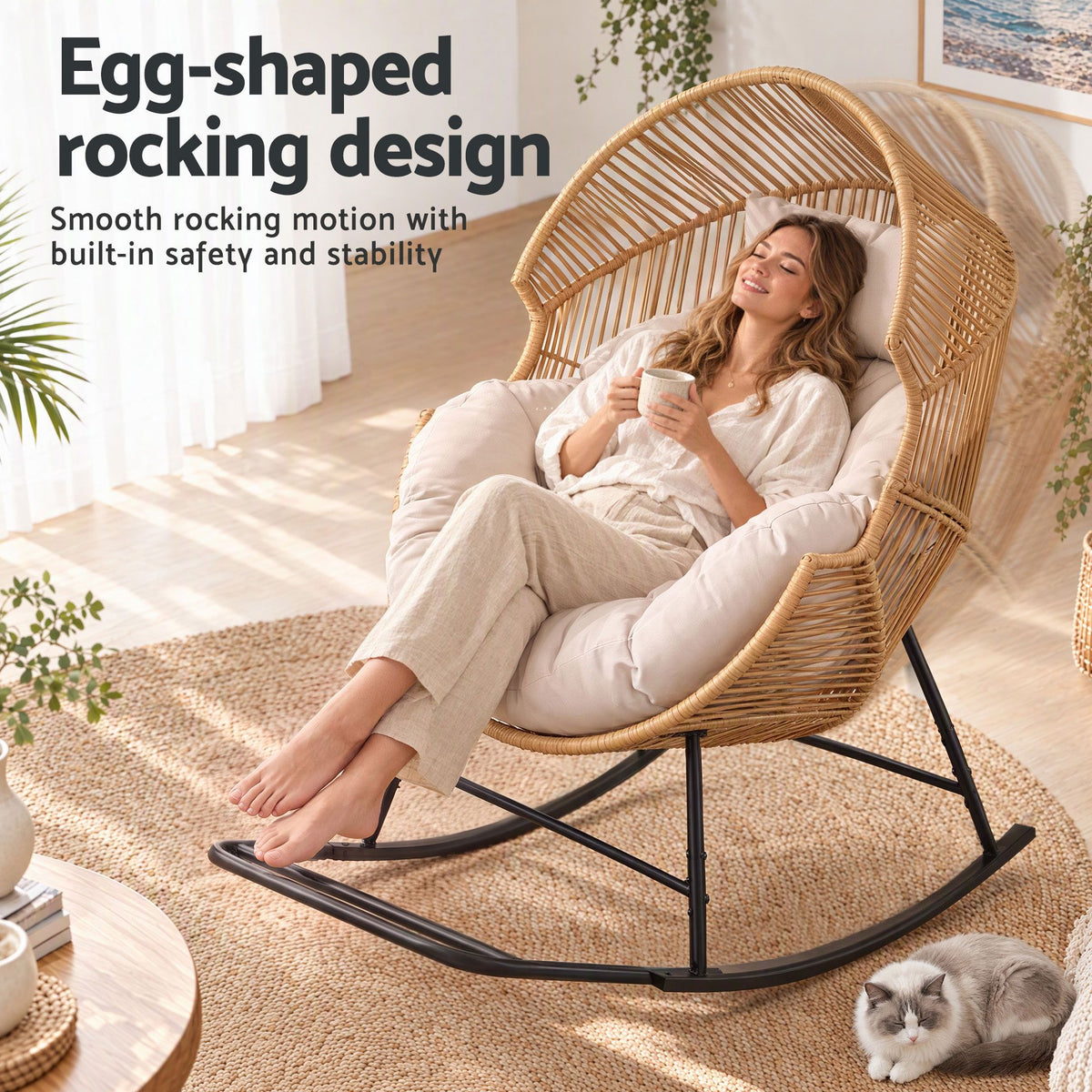 Gardeon Outdoor Egg Rocking Chair PE Rattan Lounger 12cm Cushion 204kg Natural