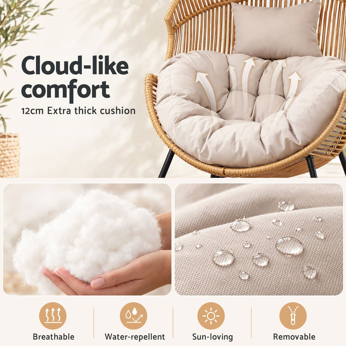 Gardeon Outdoor Egg Rocking Chair PE Rattan Lounger 12cm Cushion 204kg Natural