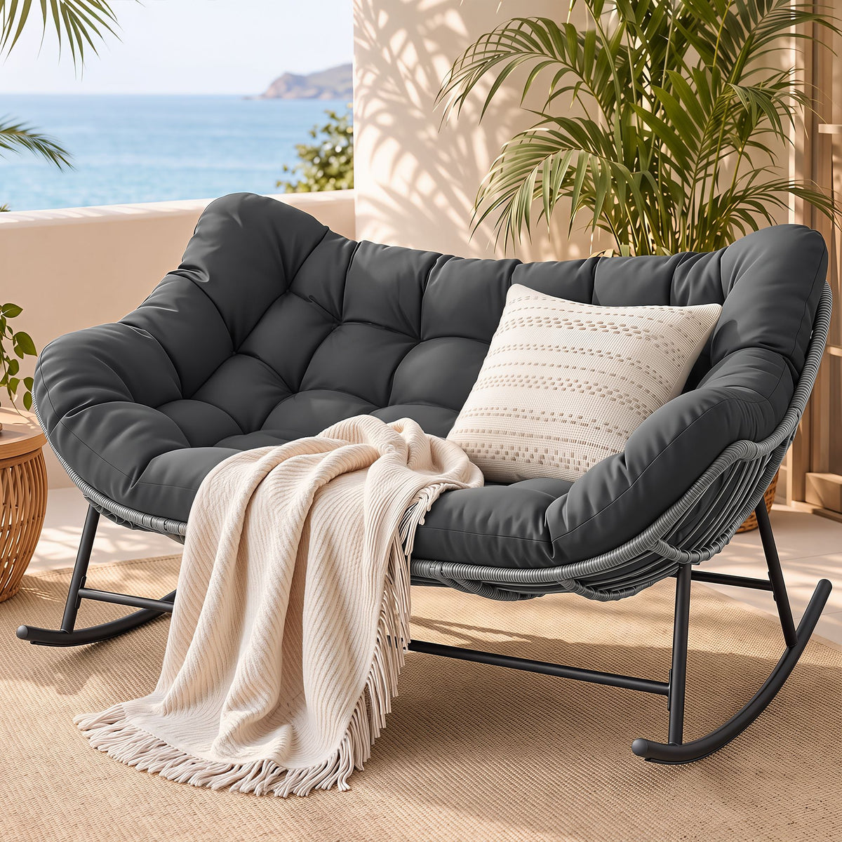 Gardeon Outdoor Rocking Loveseat 2 Seater Wicker Rocking Chair with Cushion Grey