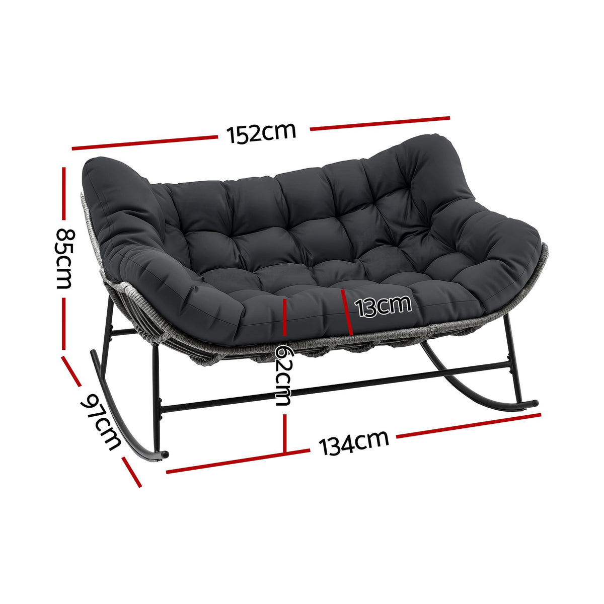 Gardeon Outdoor Rocking Loveseat 2 Seater Wicker Rocking Chair with Cushion Grey