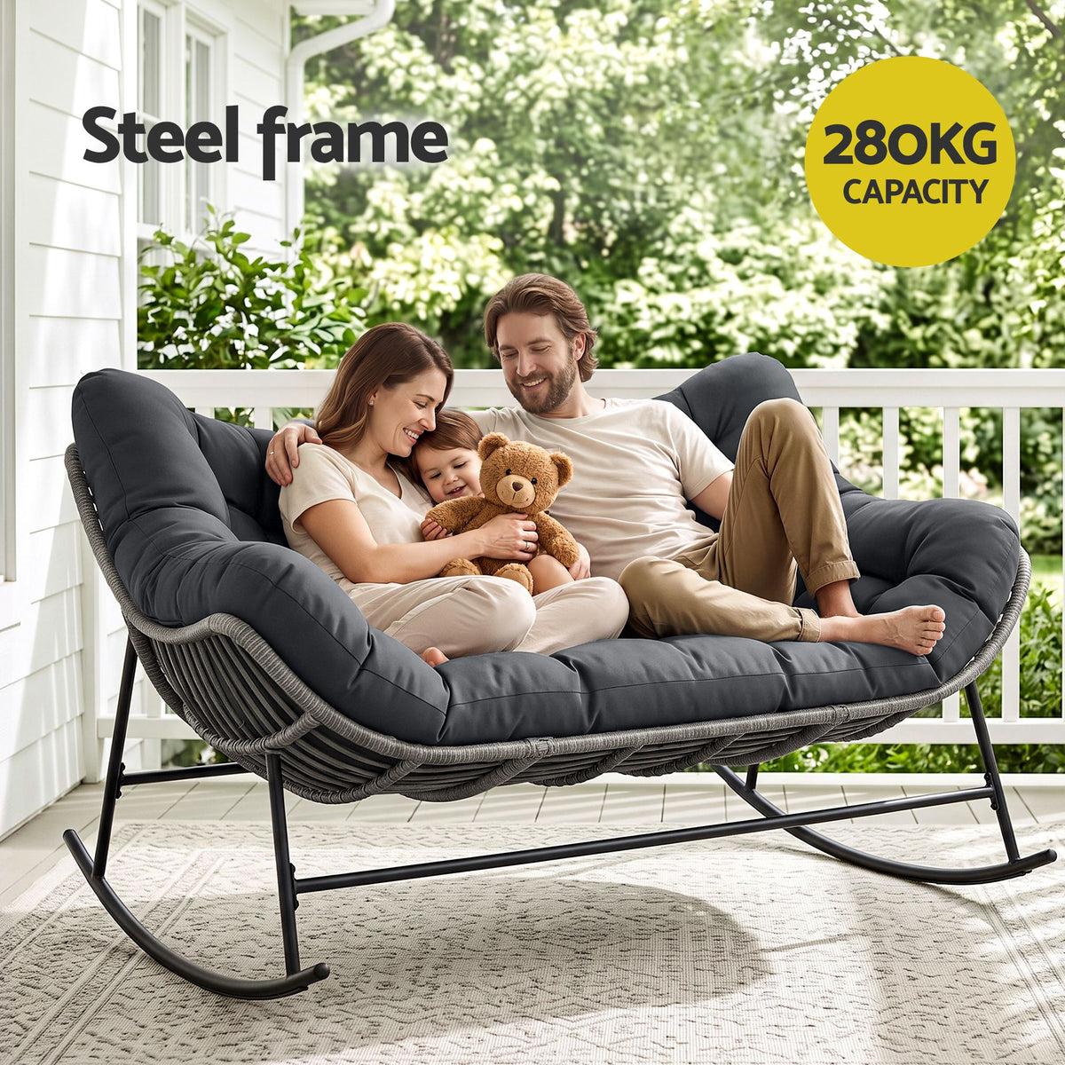 Gardeon Outdoor Rocking Loveseat 2 Seater Wicker Rocking Chair with Cushion Grey