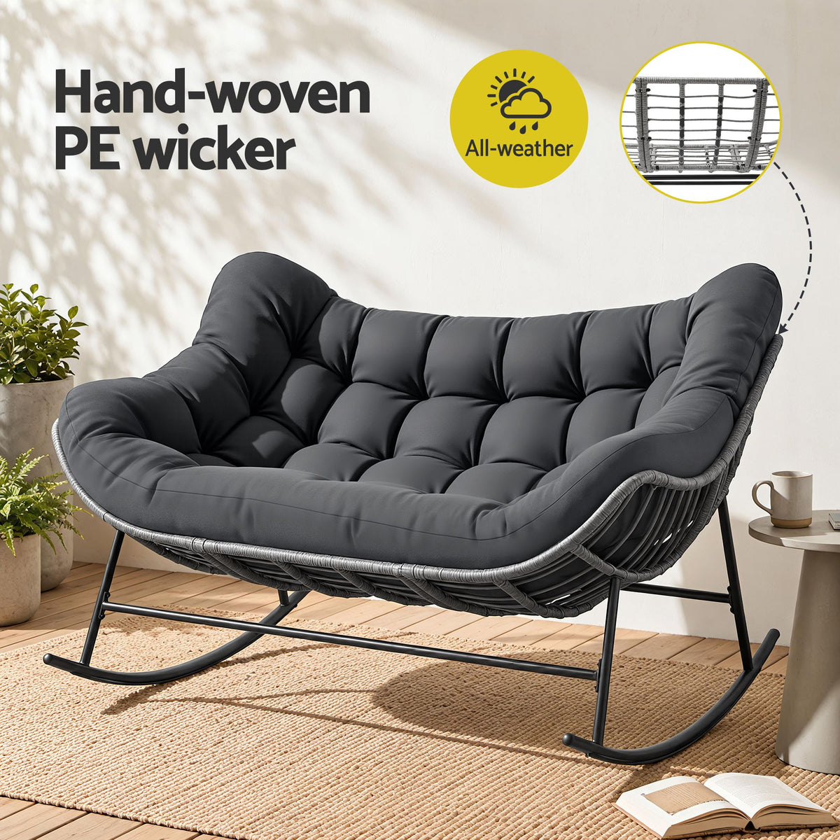 Gardeon Outdoor Rocking Loveseat 2 Seater Wicker Rocking Chair with Cushion Grey