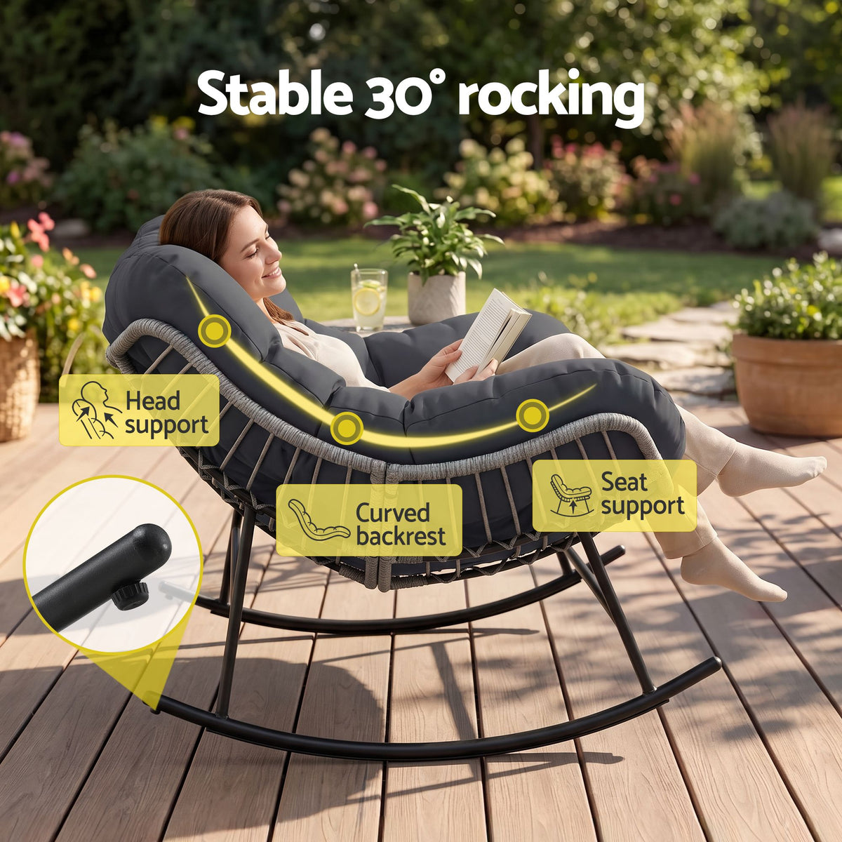Gardeon Outdoor Rocking Loveseat 2 Seater Wicker Rocking Chair with Cushion Grey
