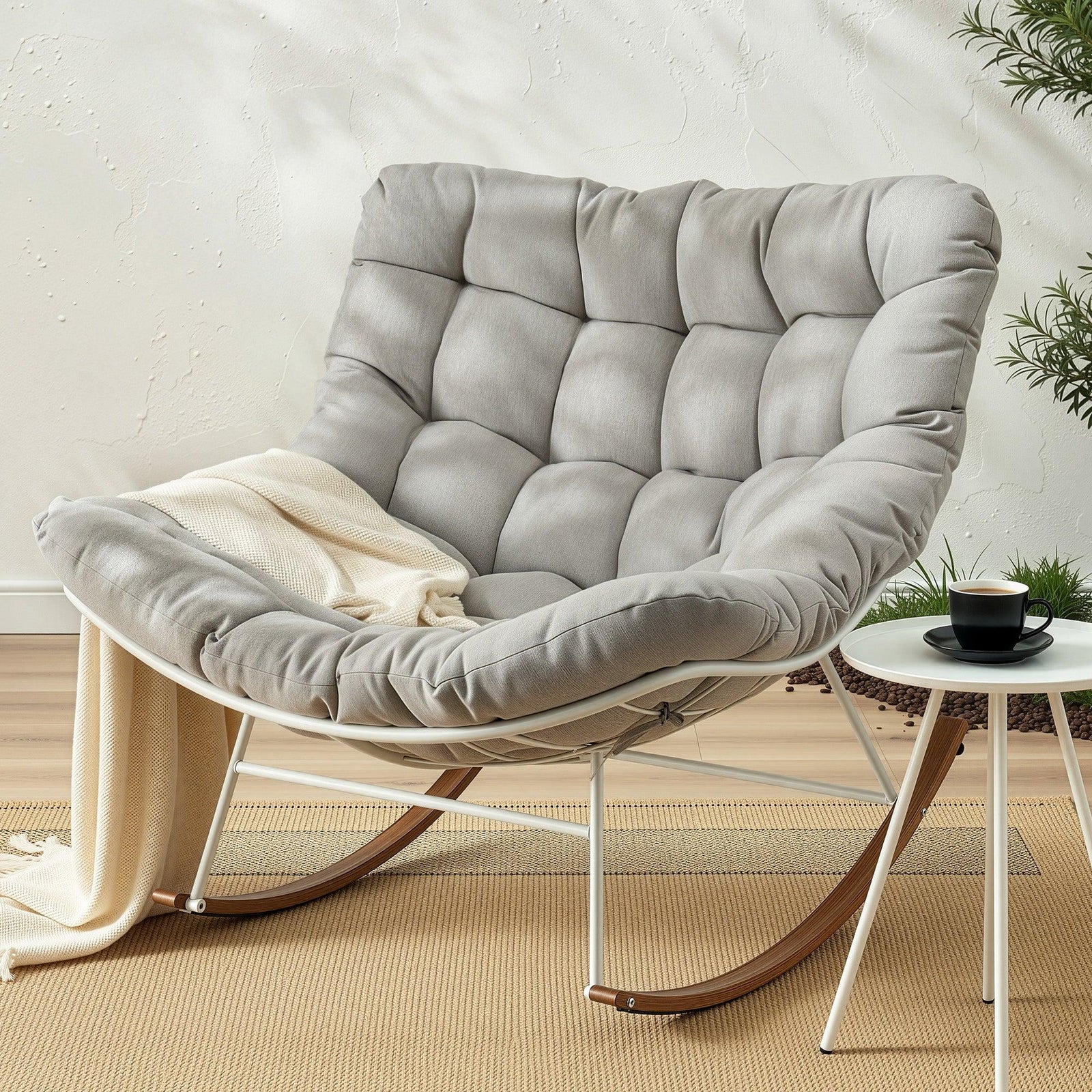 Papasan Rocking Chair with Cushion, Steel Frame & Wood‑Grain Base – Beige