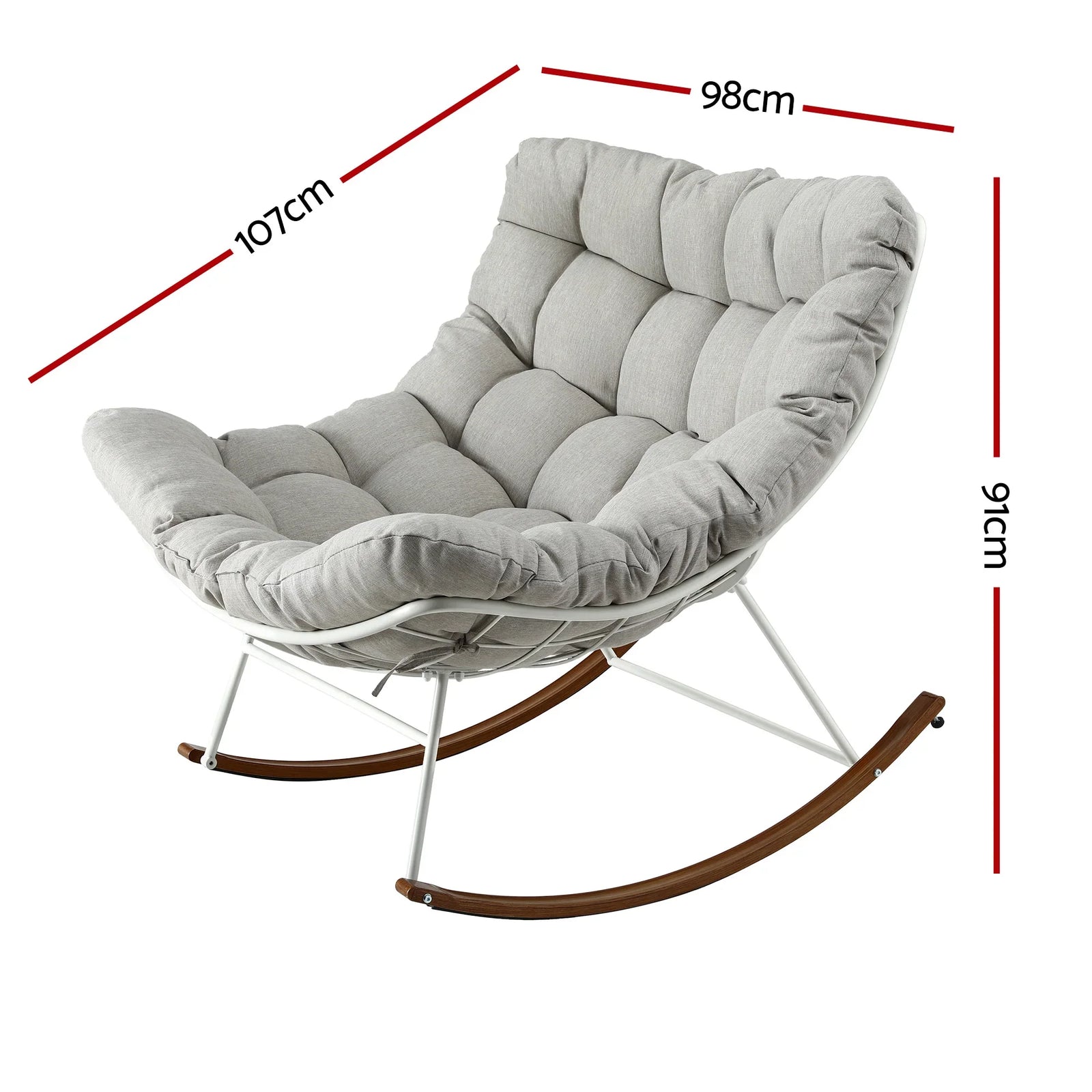 Papasan Rocking Chair with Cushion, Steel Frame & Wood‑Grain Base – Beige
