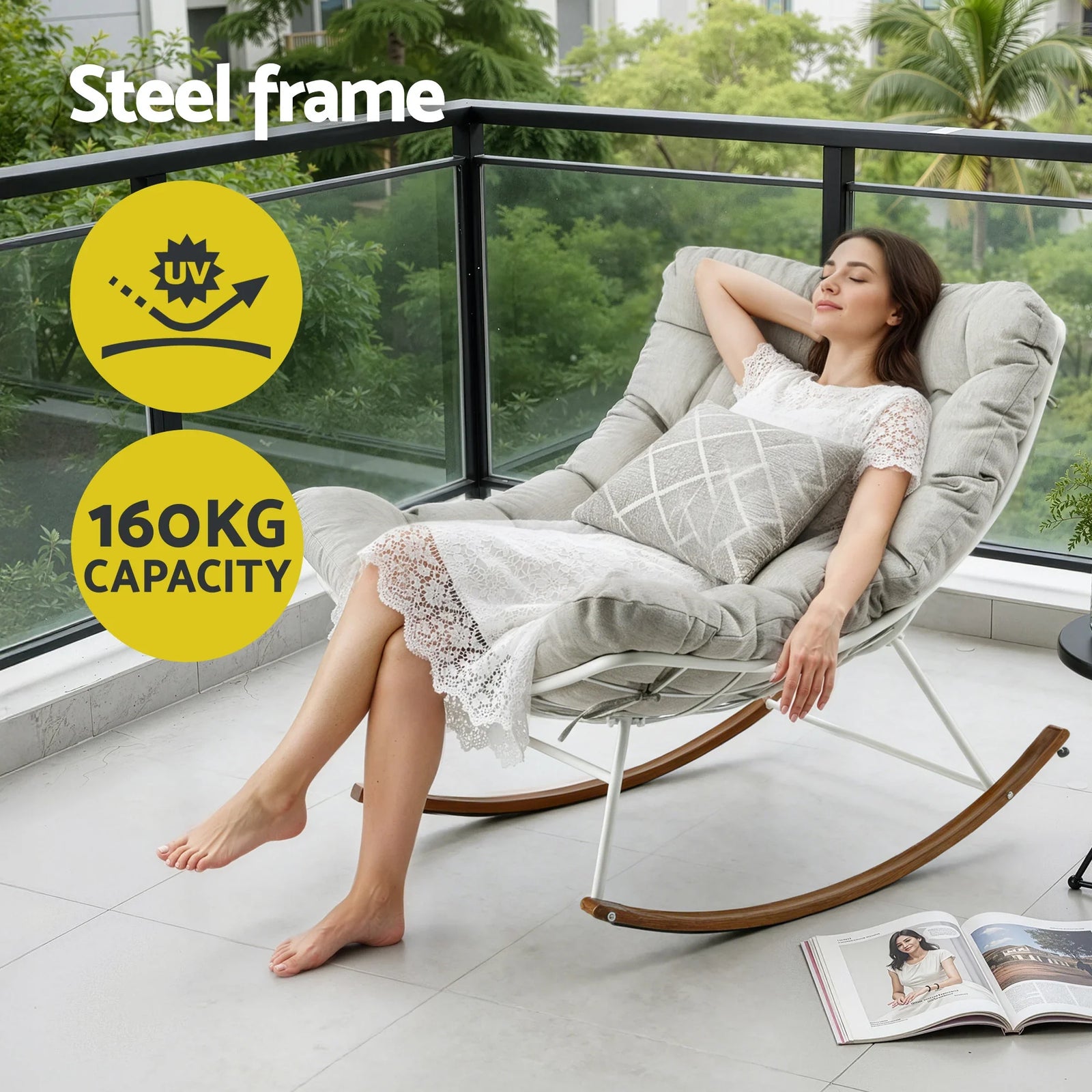 Papasan Rocking Chair with Cushion, Steel Frame & Wood‑Grain Base – Beige