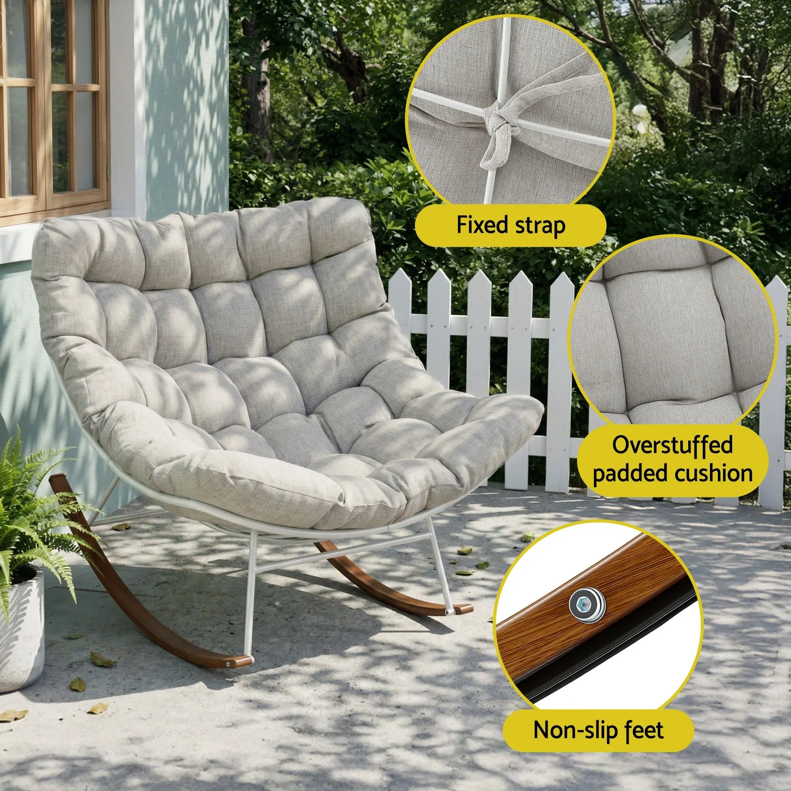 Papasan Rocking Chair with Cushion, Steel Frame & Wood‑Grain Base – Beige
